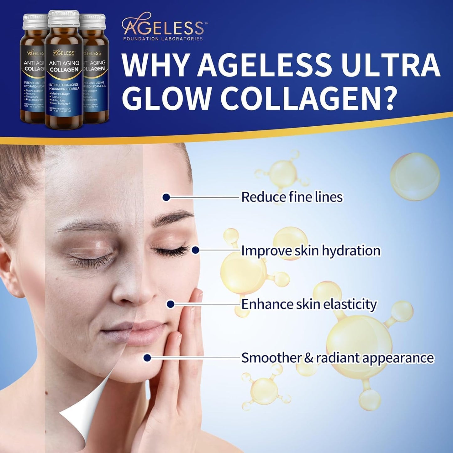 Ageless Foundation Laboratories Marine Collagen Liquid with Turmeric, Glutathione, and Rosa Roxburghi - 50 ml (30 Count)