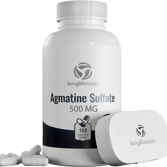 Agmatine Sulfate 500mg Capsules - 180 Count | Pre-Workout Nitric Oxide Supplement for Muscle Recovery, Strength, and Focus Boost