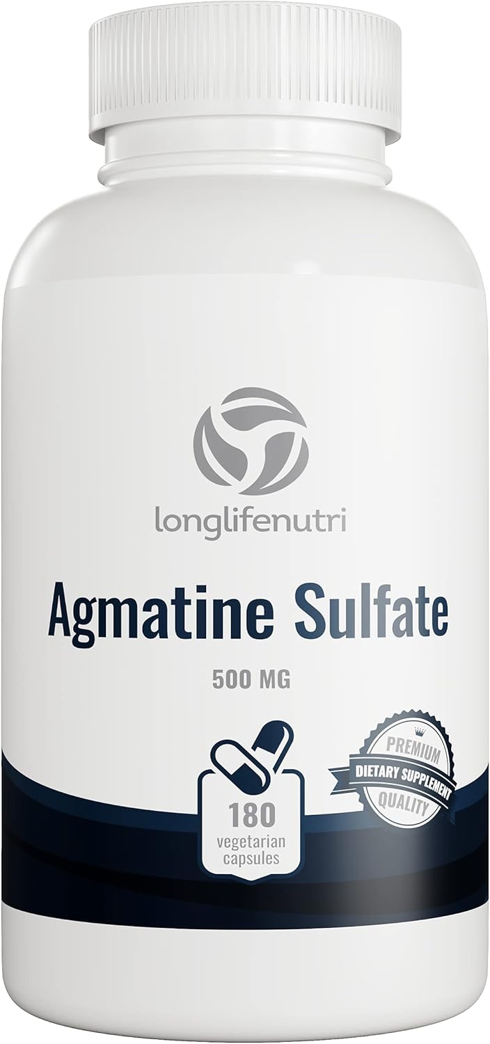 Agmatine Sulfate 500mg Capsules - 180 Count | Pre-Workout Nitric Oxide Supplement for Muscle Recovery, Strength, and Focus Boost