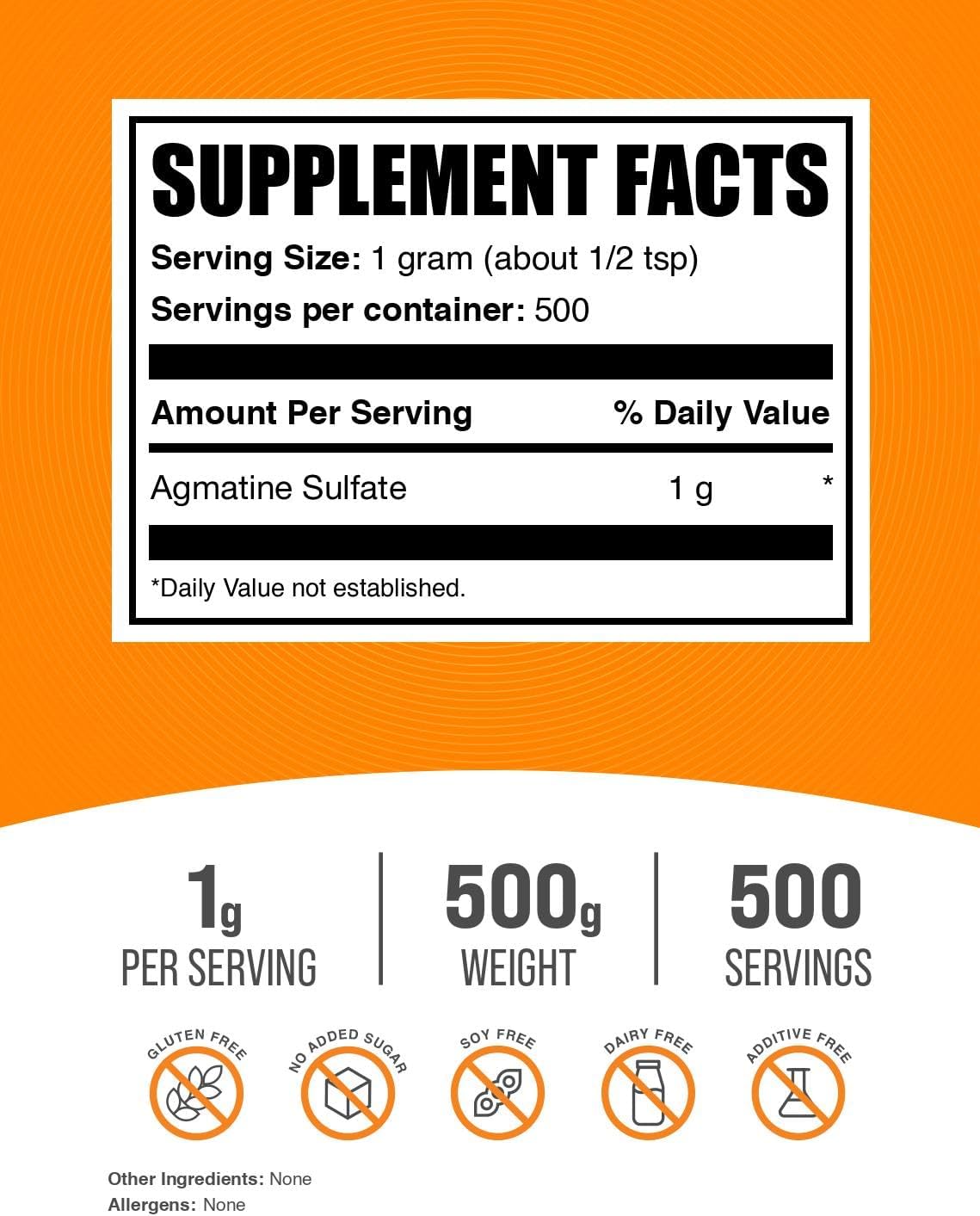 Agmatine Sulfate Powder - 1000mg Nitric Oxide Supplement, Unflavored, Gluten Free - 500g (1.1 lbs) Pack of 1