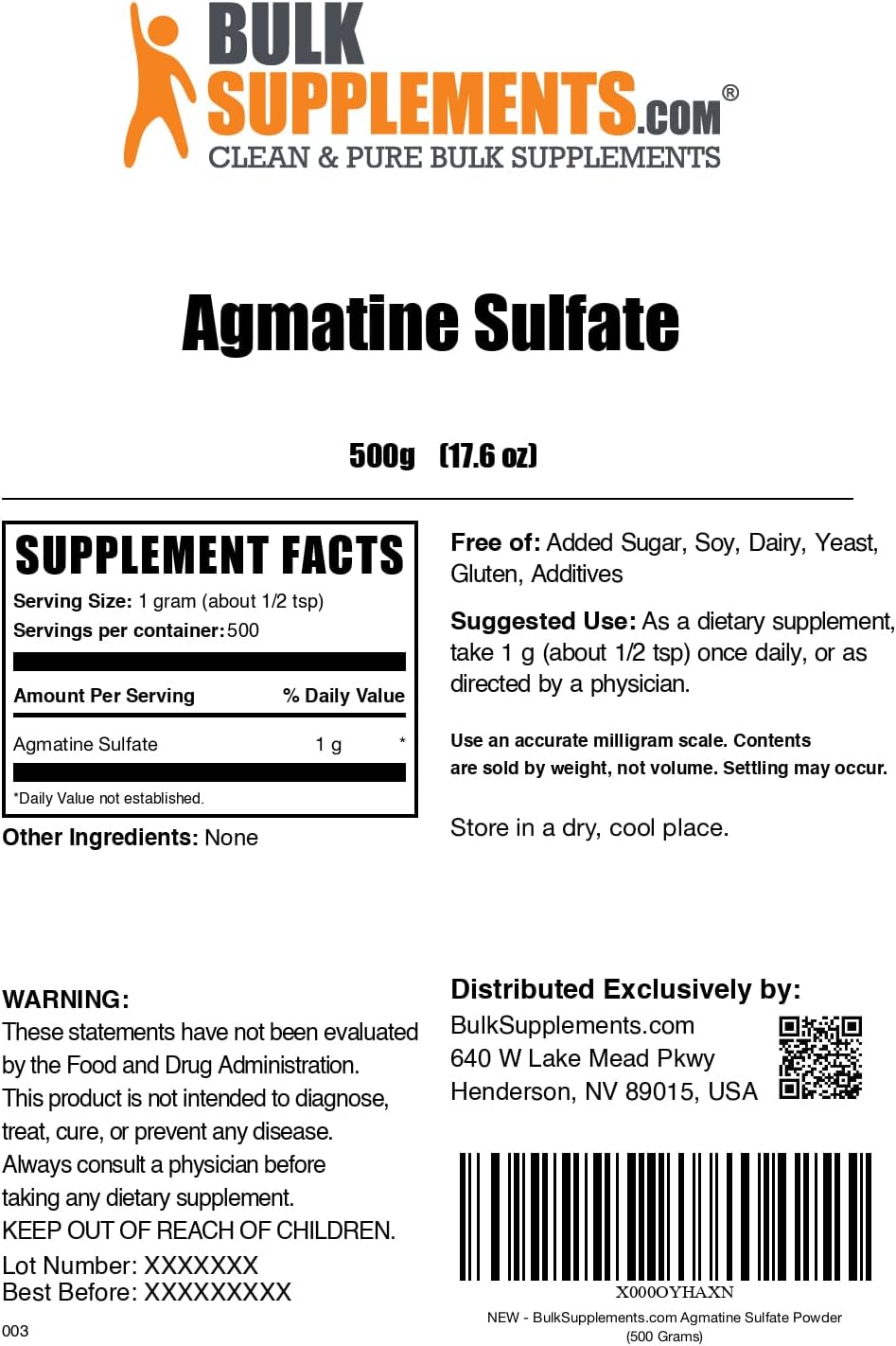 Agmatine Sulfate Powder - 1000mg Nitric Oxide Supplement, Unflavored, Gluten Free - 500g (1.1 lbs) Pack of 1