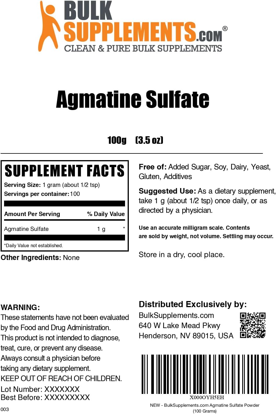 Agmatine Sulfate Powder 1000mg - Nitric Oxide Booster, Unflavored, Gluten Free - 100g (3.5 oz) - 1 Pack by BulkSupplements