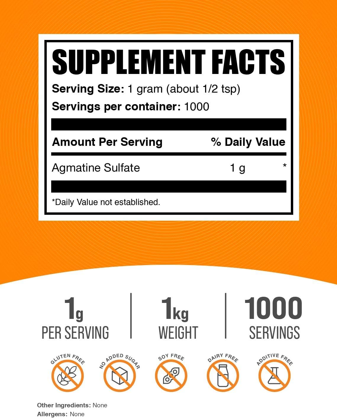 Agmatine Sulfate Powder 1000mg - Nitric Oxide Supplement - Gluten Free - 1kg (2.2 lbs) Pack