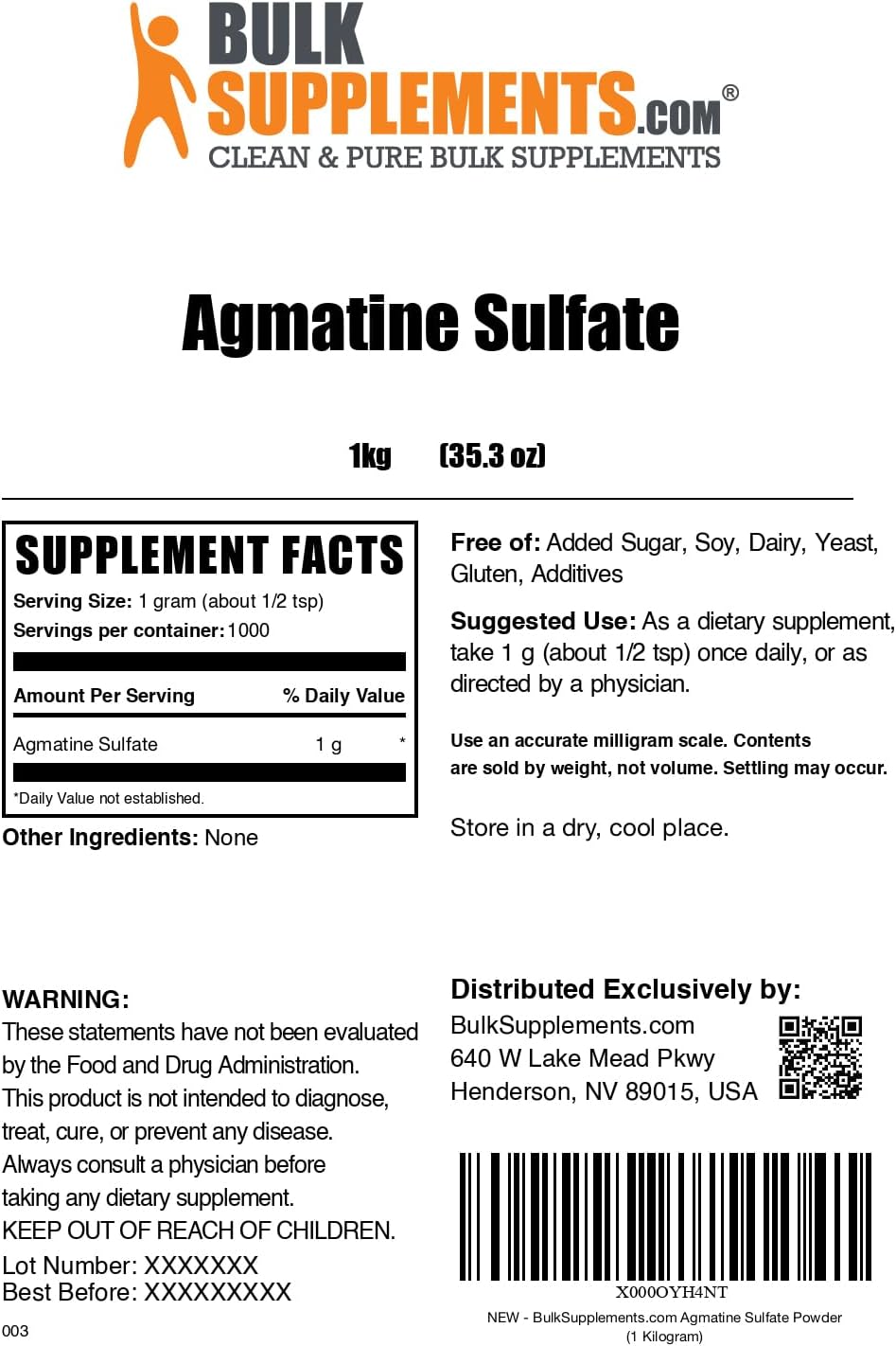 Agmatine Sulfate Powder 1000mg - Nitric Oxide Supplement - Gluten Free - 1kg (2.2 lbs) Pack