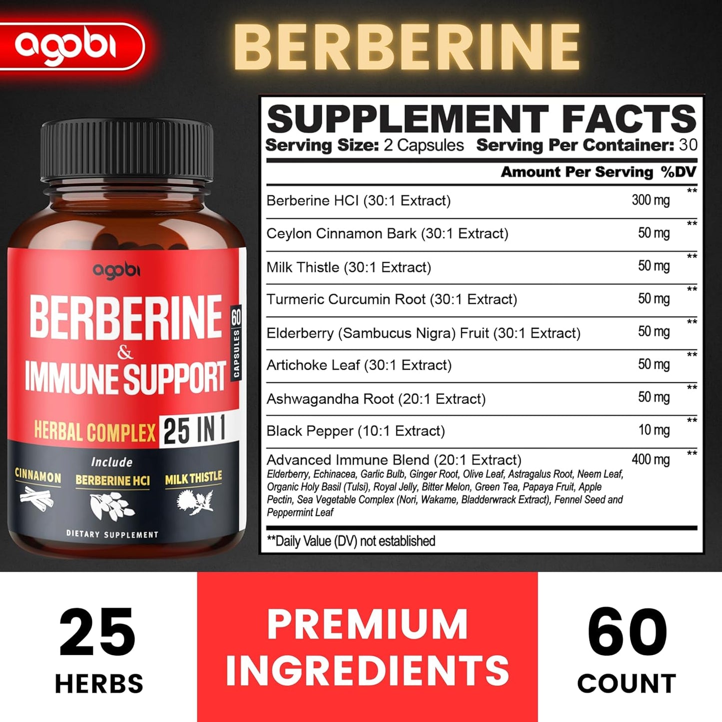 agobi Premium Berberine Supplement with Immune, Cardiovascular, and Digestive Support - 60 Capsules