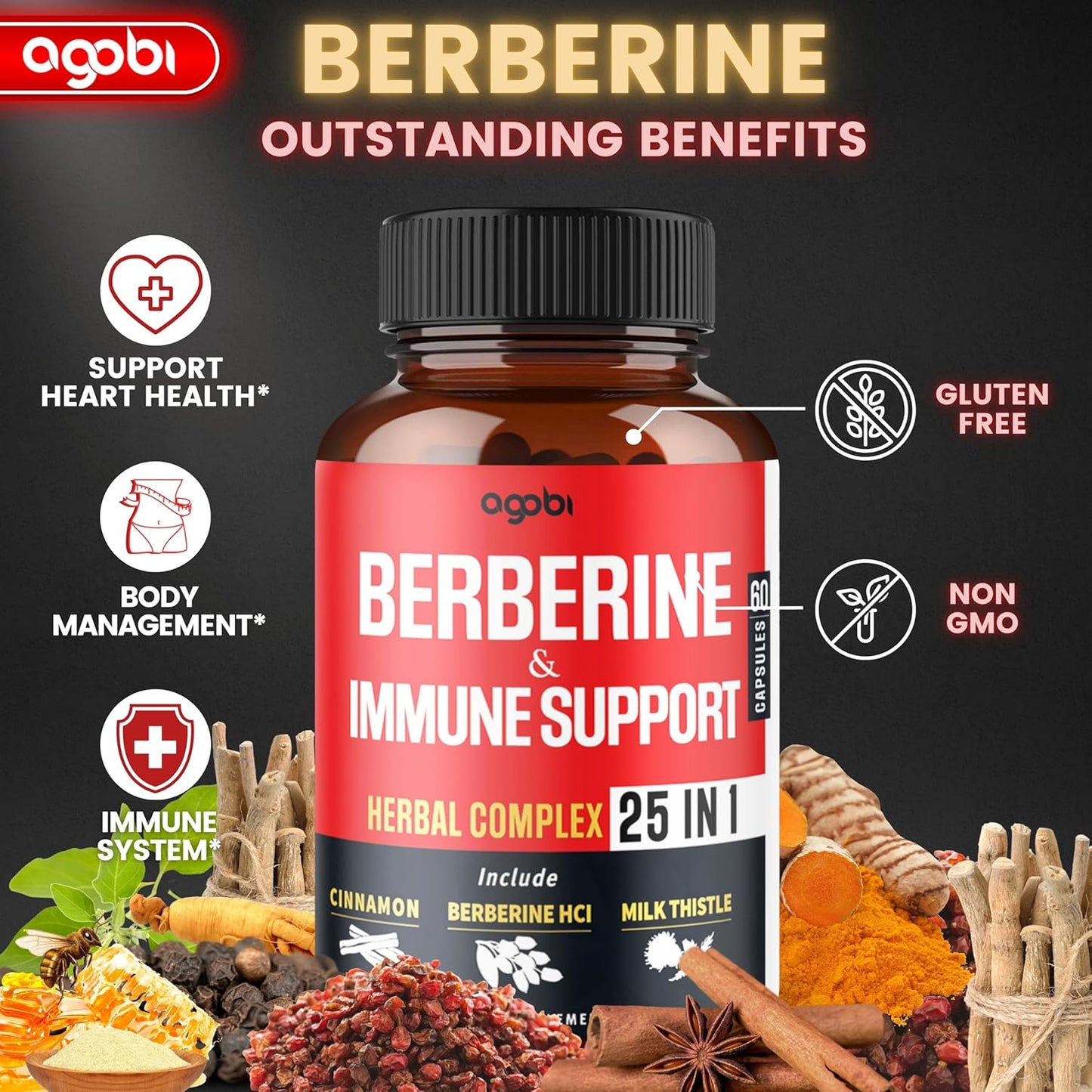 agobi Premium Berberine Supplement with Immune, Cardiovascular, and Digestive Support - 60 Capsules