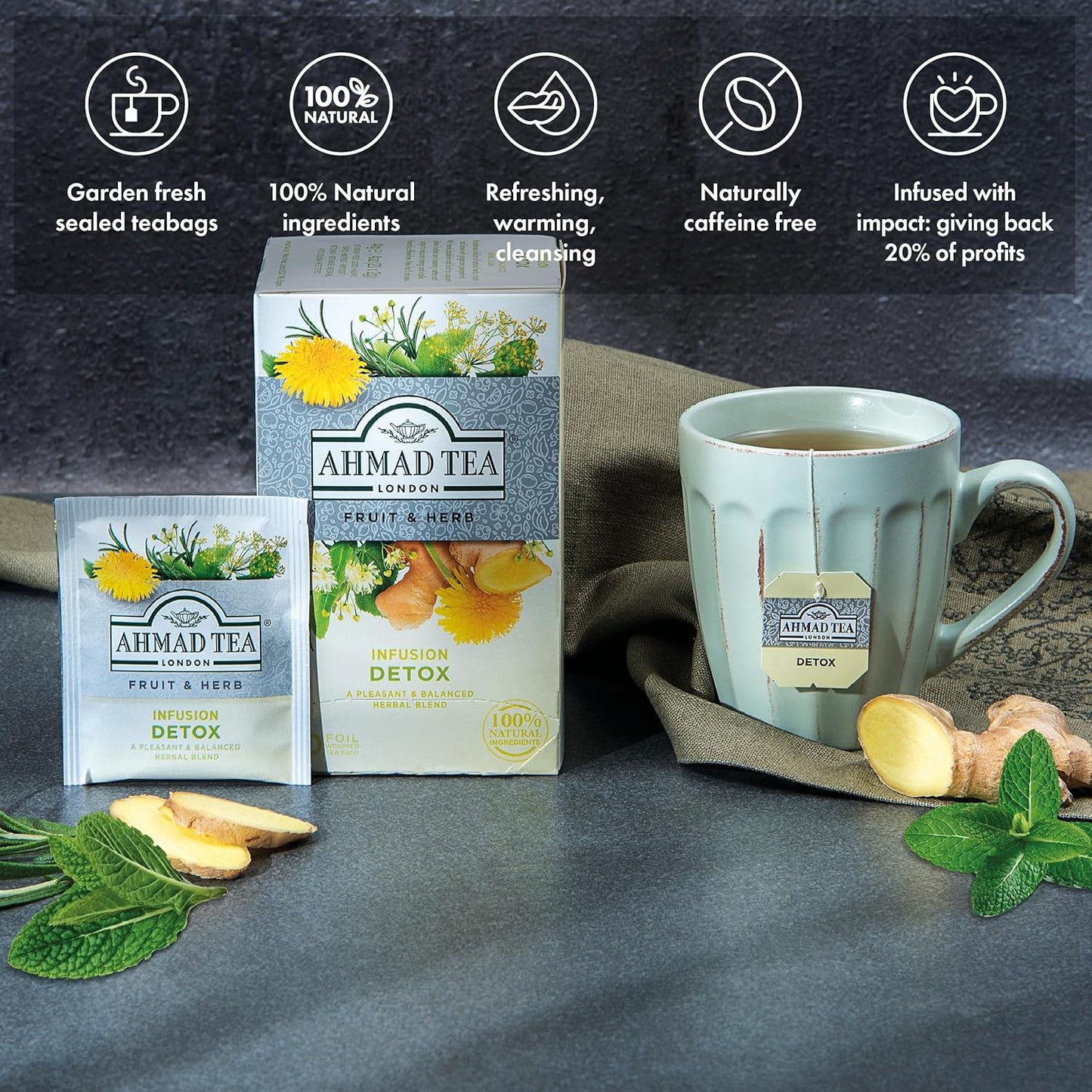 Ahmad Tea Detox Herbal Tea Bags - Ginger, Peppermint, Fennel, Dandelion, Birch - 20 ct x 6 Pack - Decaf & Sugar-Free