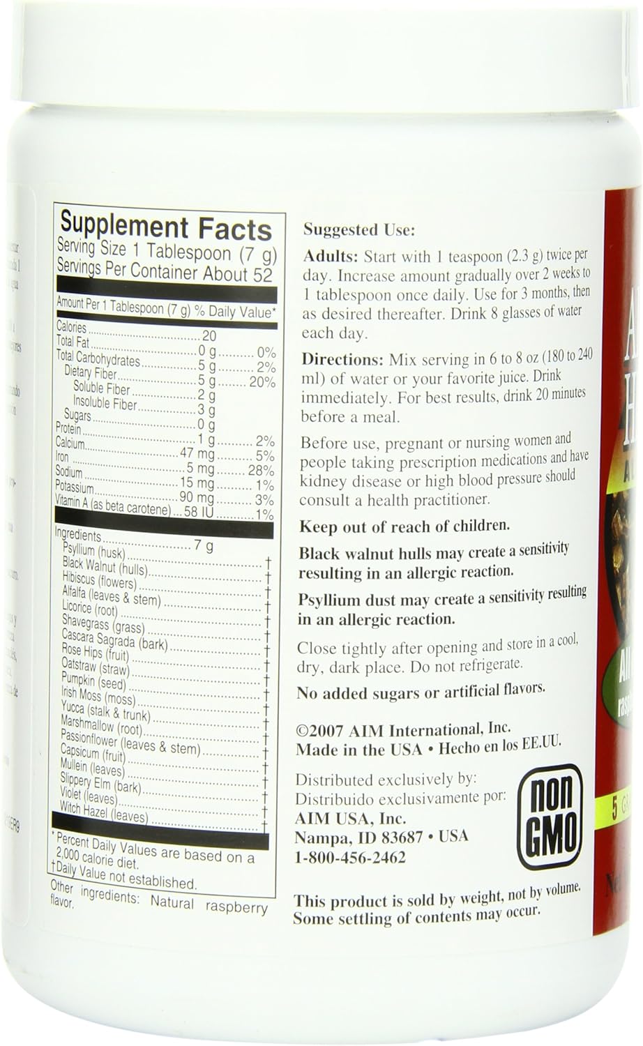 AIM International Herbal Fiberblend Raspberry Powder - 13 oz - Natural Fiber Supplement