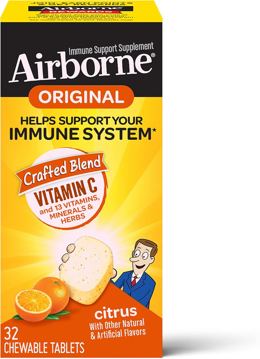 Airborne 1000mg Vitamin C & Zinc Chewable Tablets - Immune Support Supplement with Antioxidants - 32 Citrus Flavor Tablets