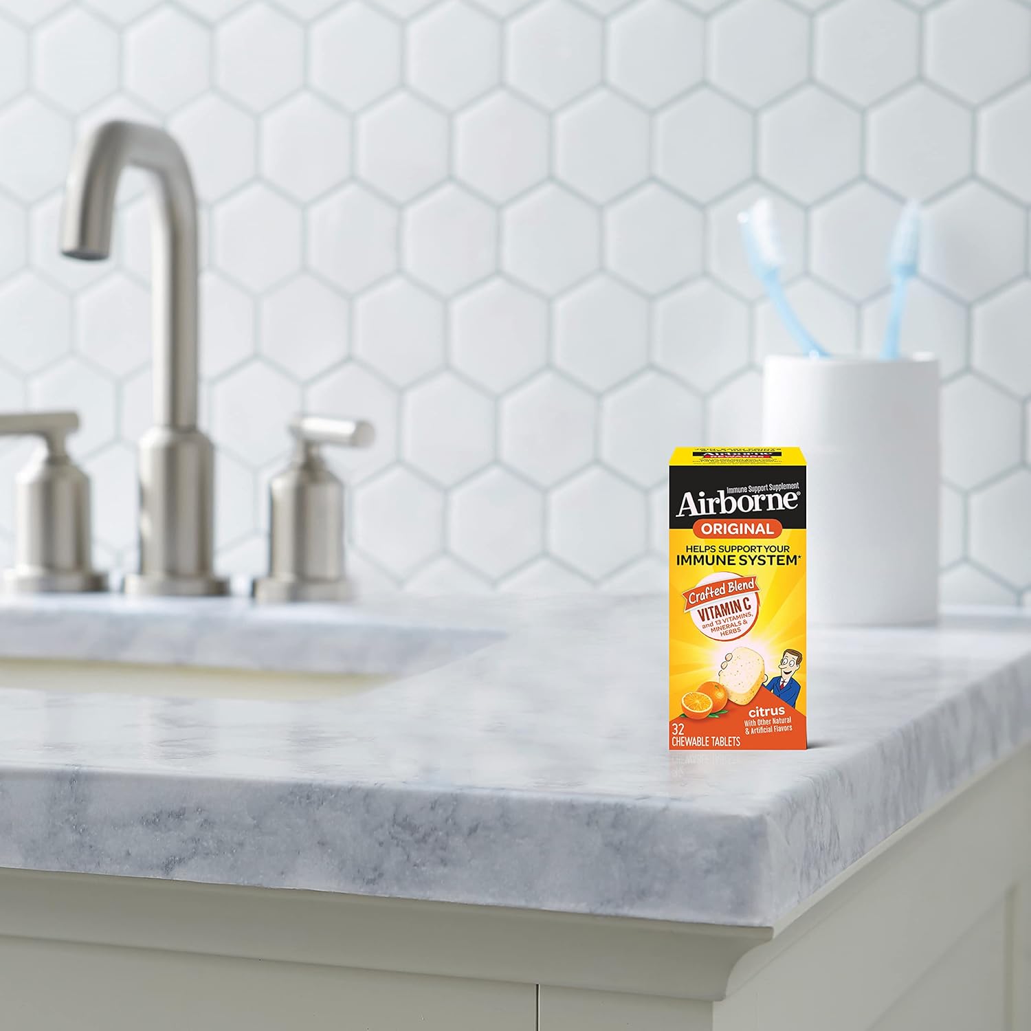 Airborne 1000mg Vitamin C & Zinc Chewable Tablets - Immune Support Supplement with Antioxidants - 32 Citrus Flavor Tablets