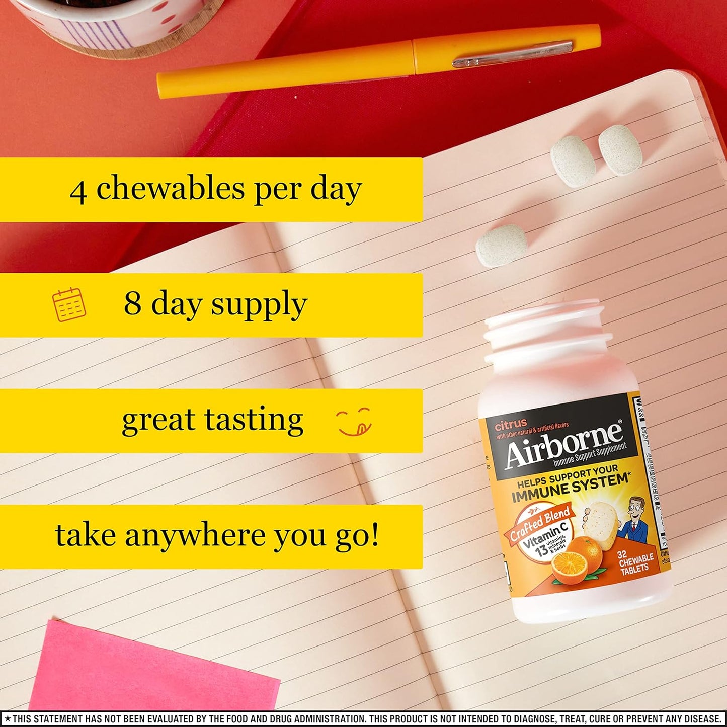 Airborne 1000mg Vitamin C & Zinc Chewable Tablets - Immune Support Supplement with Antioxidants - 32 Citrus Flavor Tablets