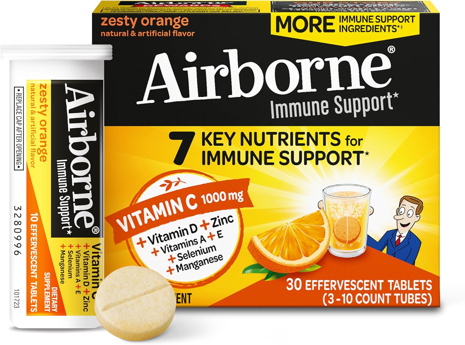 Airborne Sugar-Free Vitamin C with Zinc Tablets - Immune Support with Antioxidants - 30 Effervescent Fizzy Drink Tablets, Orange Flavor