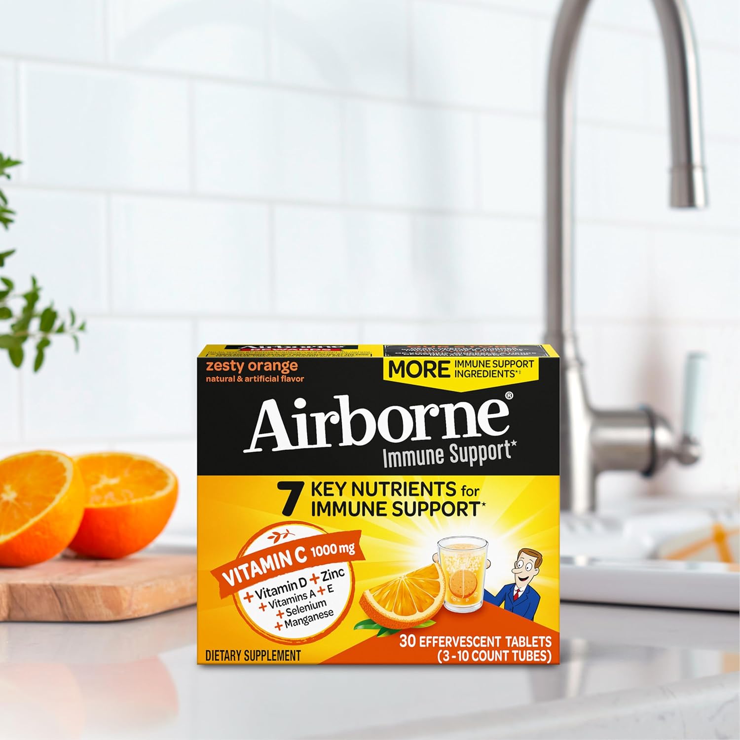 Airborne Sugar-Free Vitamin C with Zinc Tablets - Immune Support with Antioxidants - 30 Effervescent Fizzy Drink Tablets, Orange Flavor