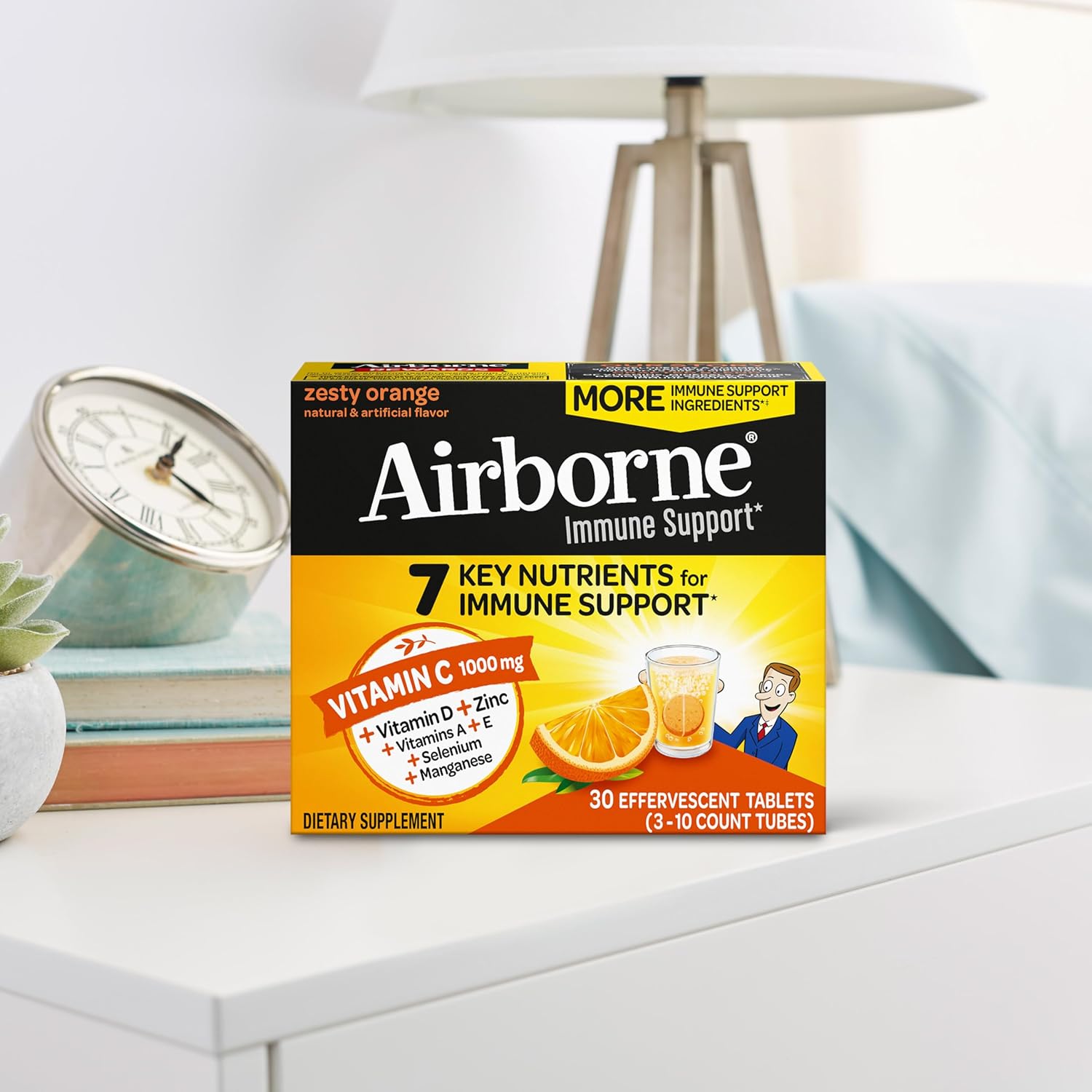 Airborne Sugar-Free Vitamin C with Zinc Tablets - Immune Support with Antioxidants - 30 Effervescent Fizzy Drink Tablets, Orange Flavor