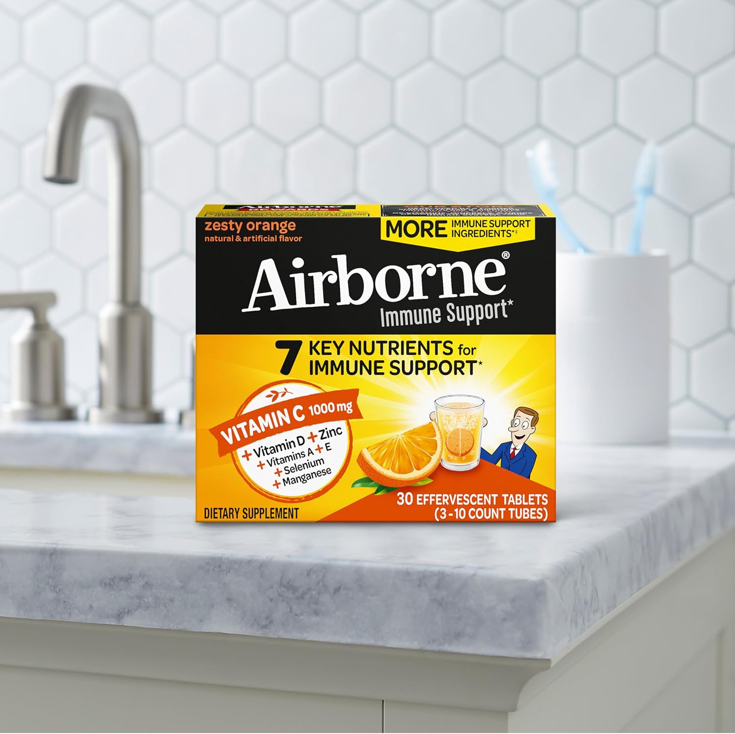 Airborne Sugar-Free Vitamin C with Zinc Tablets - Immune Support with Antioxidants - 30 Effervescent Fizzy Drink Tablets, Orange Flavor