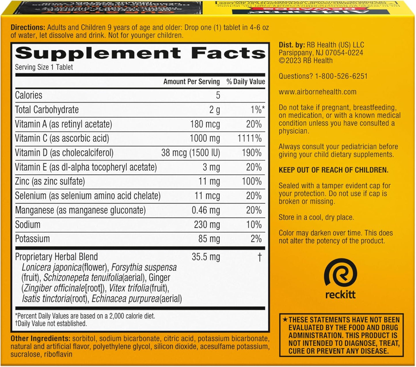 Airborne Sugar-Free Vitamin C with Zinc Tablets - Immune Support with Antioxidants - 30 Effervescent Fizzy Drink Tablets, Orange Flavor