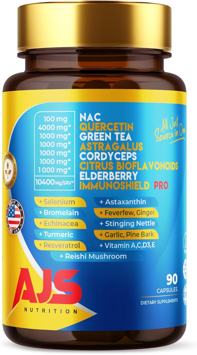 AJS Nutrition 4000mg Quercetin Capsules with NAC, Green Tea, Cordyceps, Elderberry, Selenium, Bromelain, Echinacea, Turmeric, Resveratrol, Astaxanthin, Feverfew, Ginger, Reishi Mushroom - 90 Count