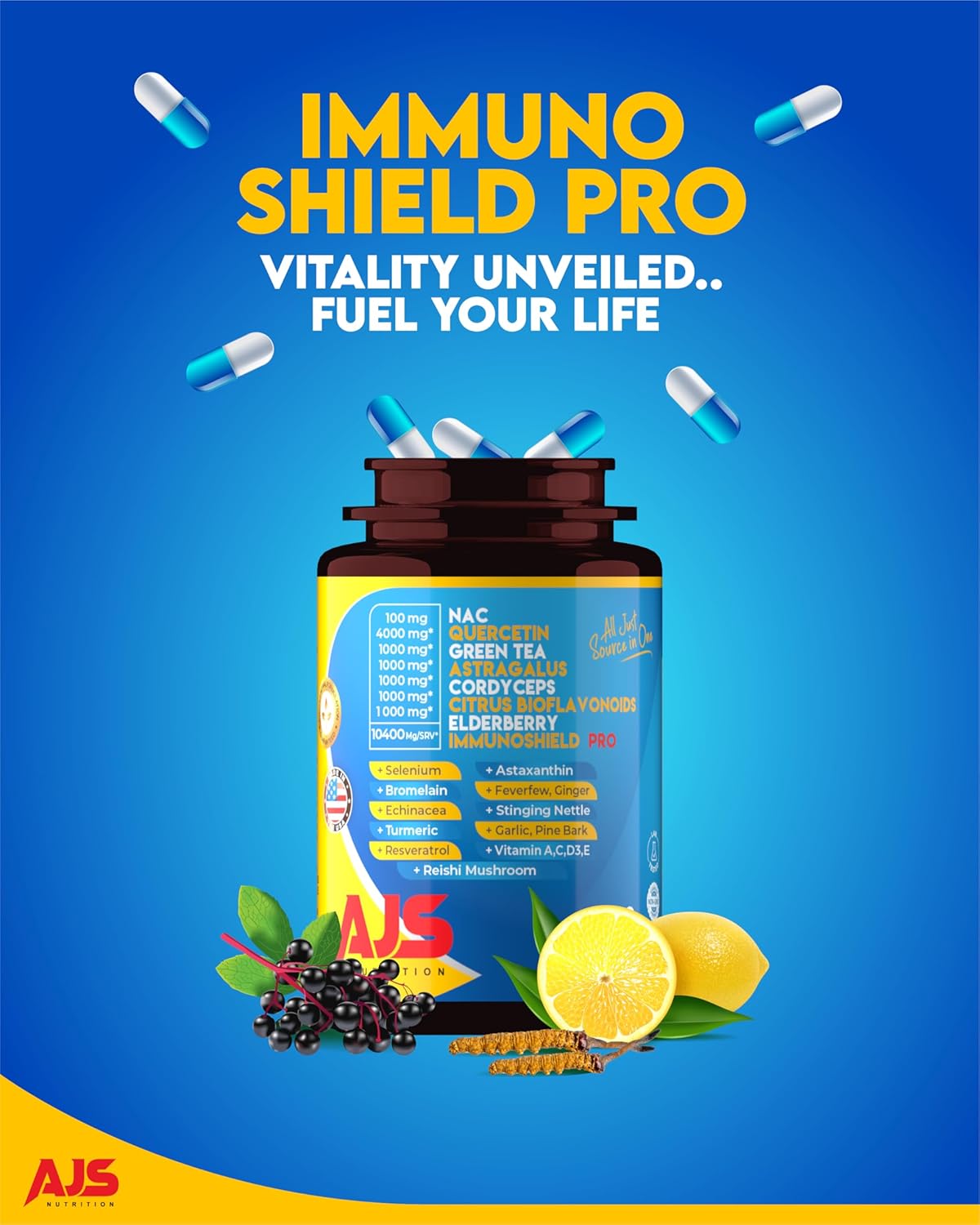 AJS Nutrition 4000mg Quercetin Capsules with NAC, Green Tea, Cordyceps, Elderberry, Selenium, Bromelain, Echinacea, Turmeric, Resveratrol, Astaxanthin, Feverfew, Ginger, Reishi Mushroom - 90 Count