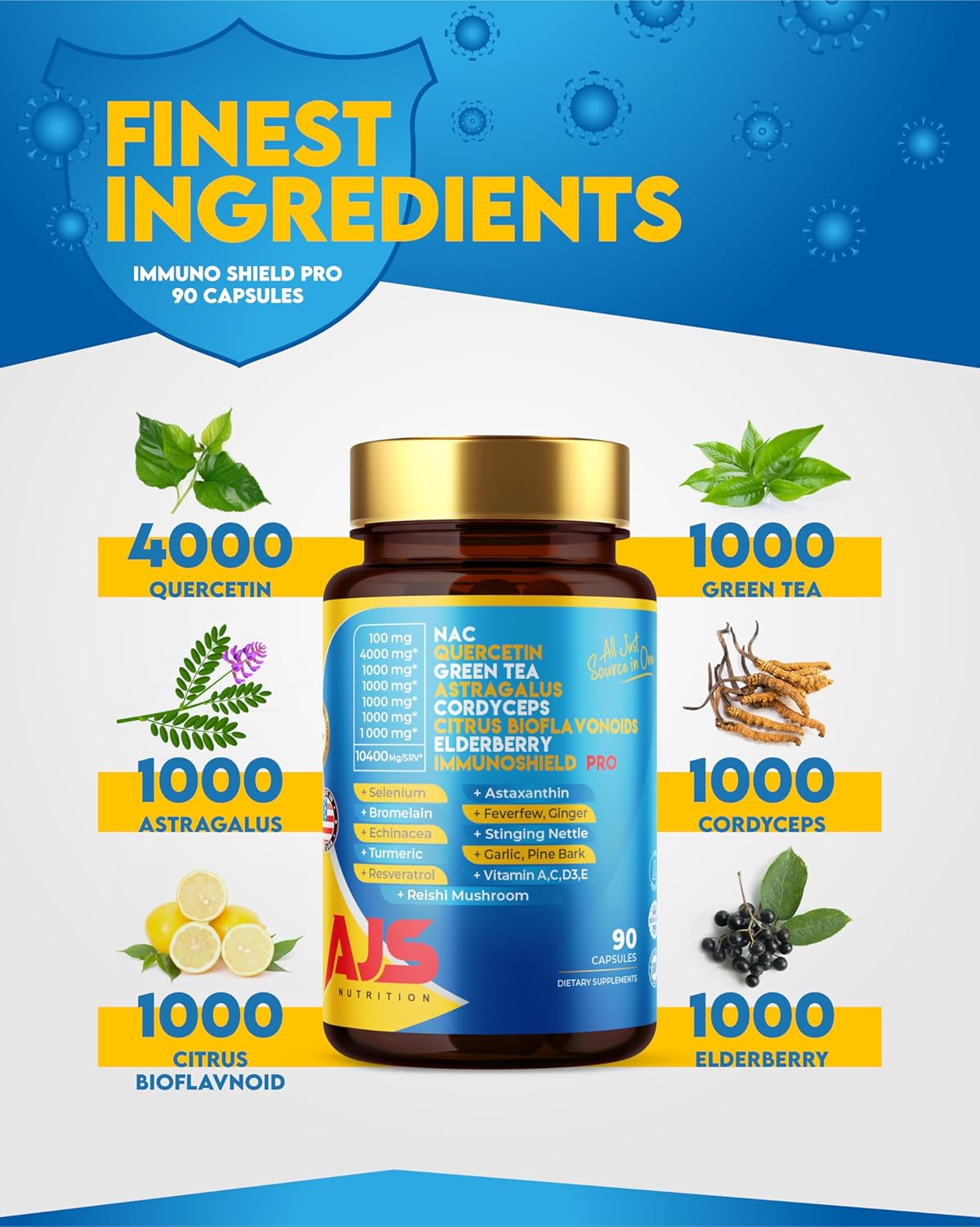 AJS Nutrition 4000mg Quercetin Capsules with NAC, Green Tea, Cordyceps, Elderberry, Selenium, Bromelain, Echinacea, Turmeric, Resveratrol, Astaxanthin, Feverfew, Ginger, Reishi Mushroom - 90 Count