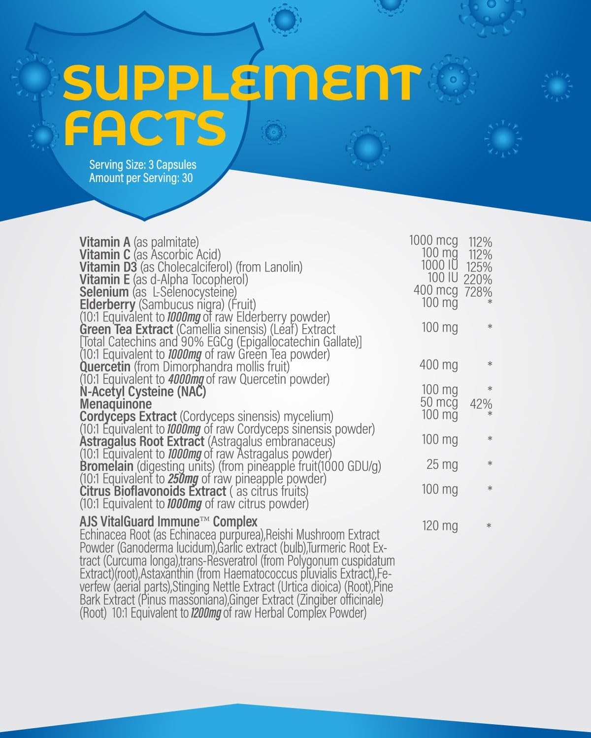 AJS Nutrition 4000mg Quercetin Capsules with NAC, Green Tea, Cordyceps, Elderberry, Selenium, Bromelain, Echinacea, Turmeric, Resveratrol, Astaxanthin, Feverfew, Ginger, Reishi Mushroom - 90 Count