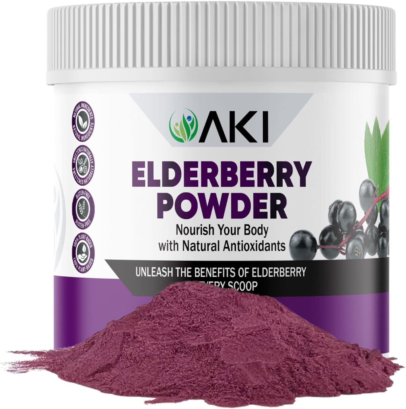 AKI Organic Elderberry Powder for Smoothies, Oatmeal, and Yogurt - Non-GMO Superfood Rich in Vitamins and Nutrients - 5.30 Oz / 150 g