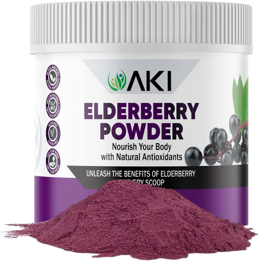 AKI Organic Elderberry Powder for Smoothies, Oatmeal, and Yogurt - Non-GMO Superfood Rich in Vitamins and Nutrients - 5.30 Oz / 150 g
