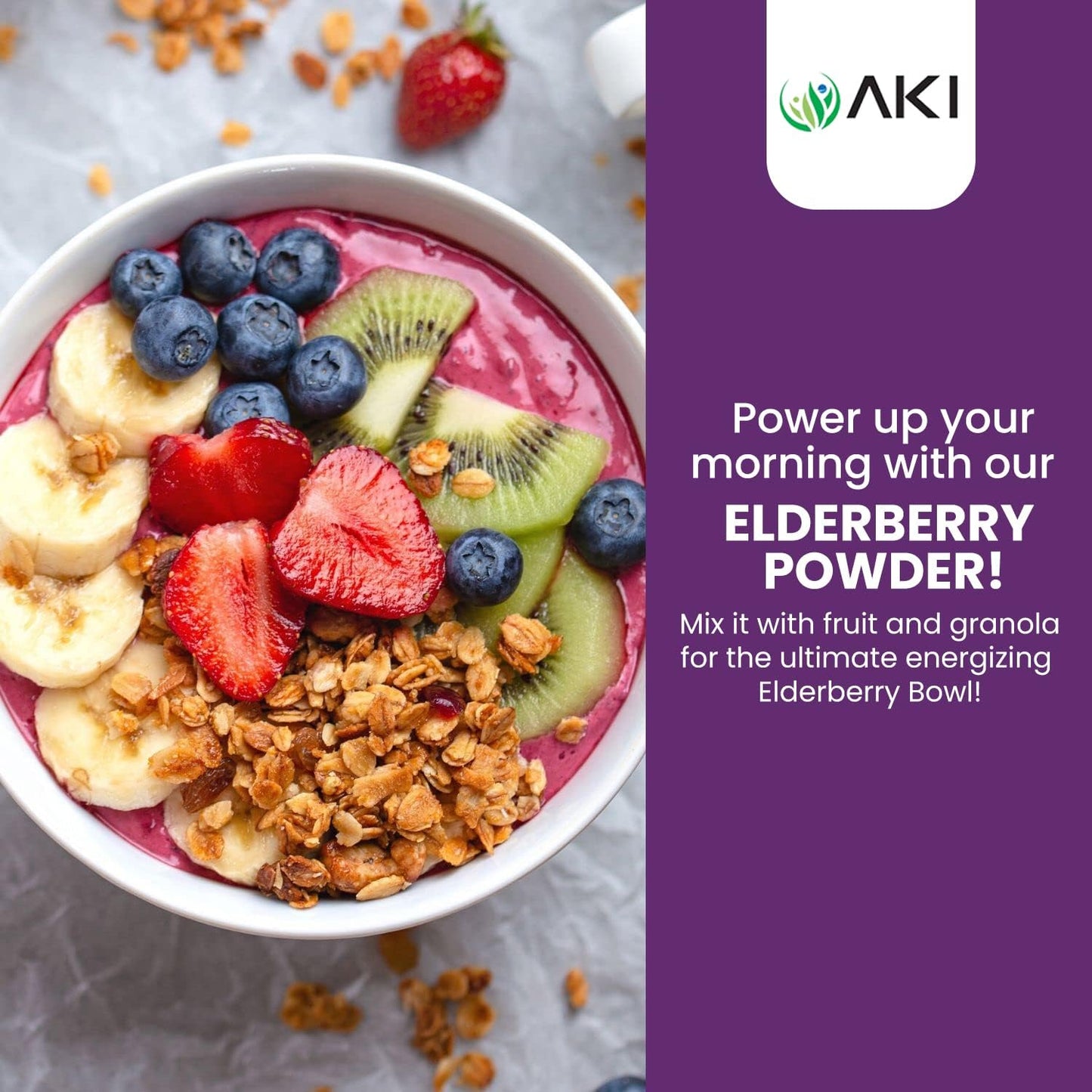 AKI Organic Elderberry Powder for Smoothies, Oatmeal, and Yogurt - Non-GMO Superfood Rich in Vitamins and Nutrients - 5.30 Oz / 150 g