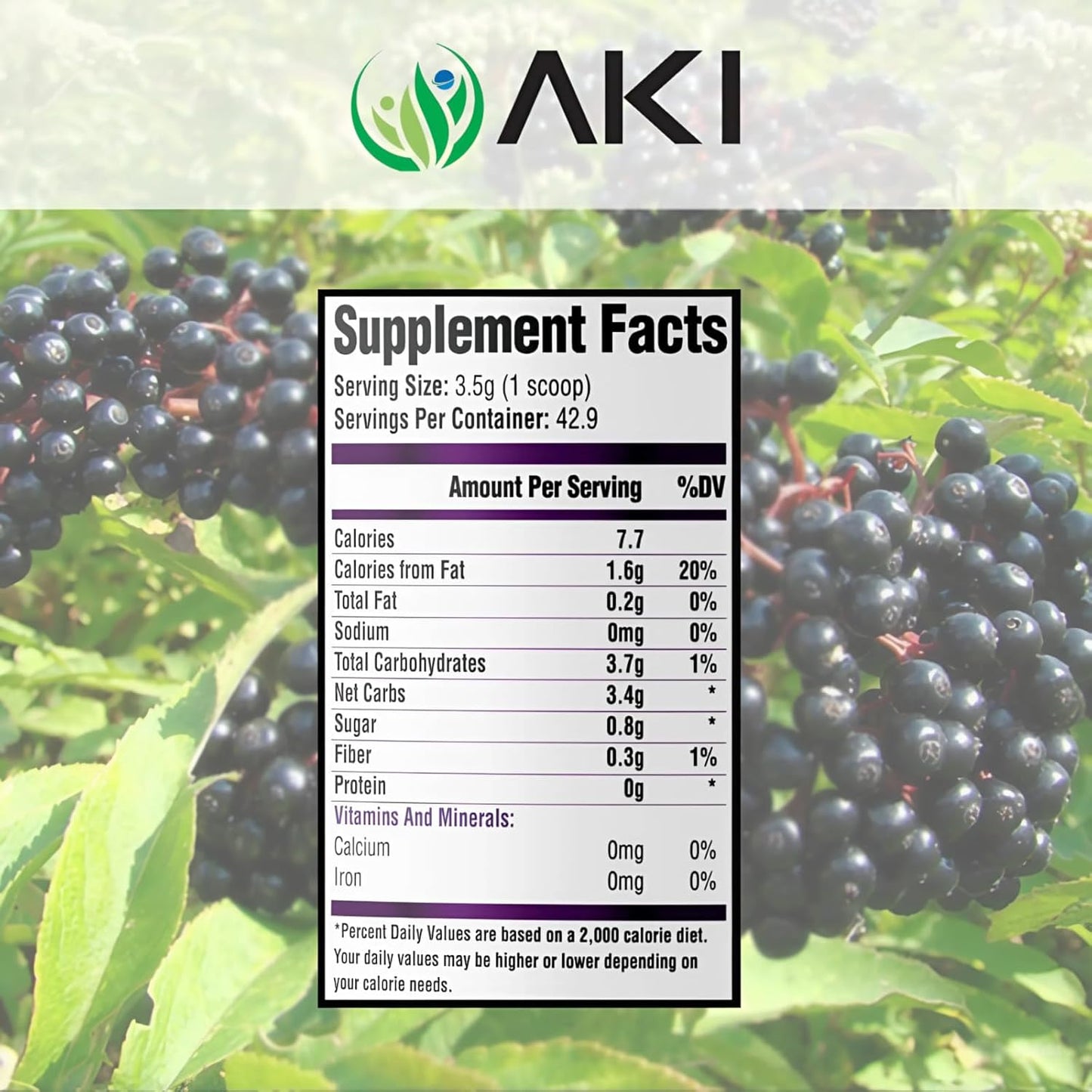 AKI Organic Elderberry Powder for Smoothies, Oatmeal, and Yogurt - Non-GMO Superfood Rich in Vitamins and Nutrients - 5.30 Oz / 150 g