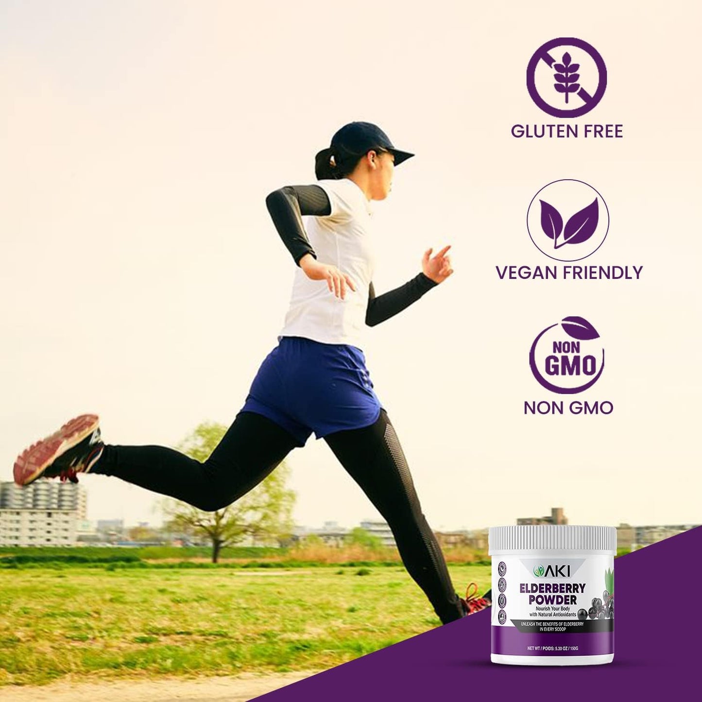 AKI Organic Elderberry Powder for Smoothies, Oatmeal, and Yogurt - Non-GMO Superfood Rich in Vitamins and Nutrients - 5.30 Oz / 150 g