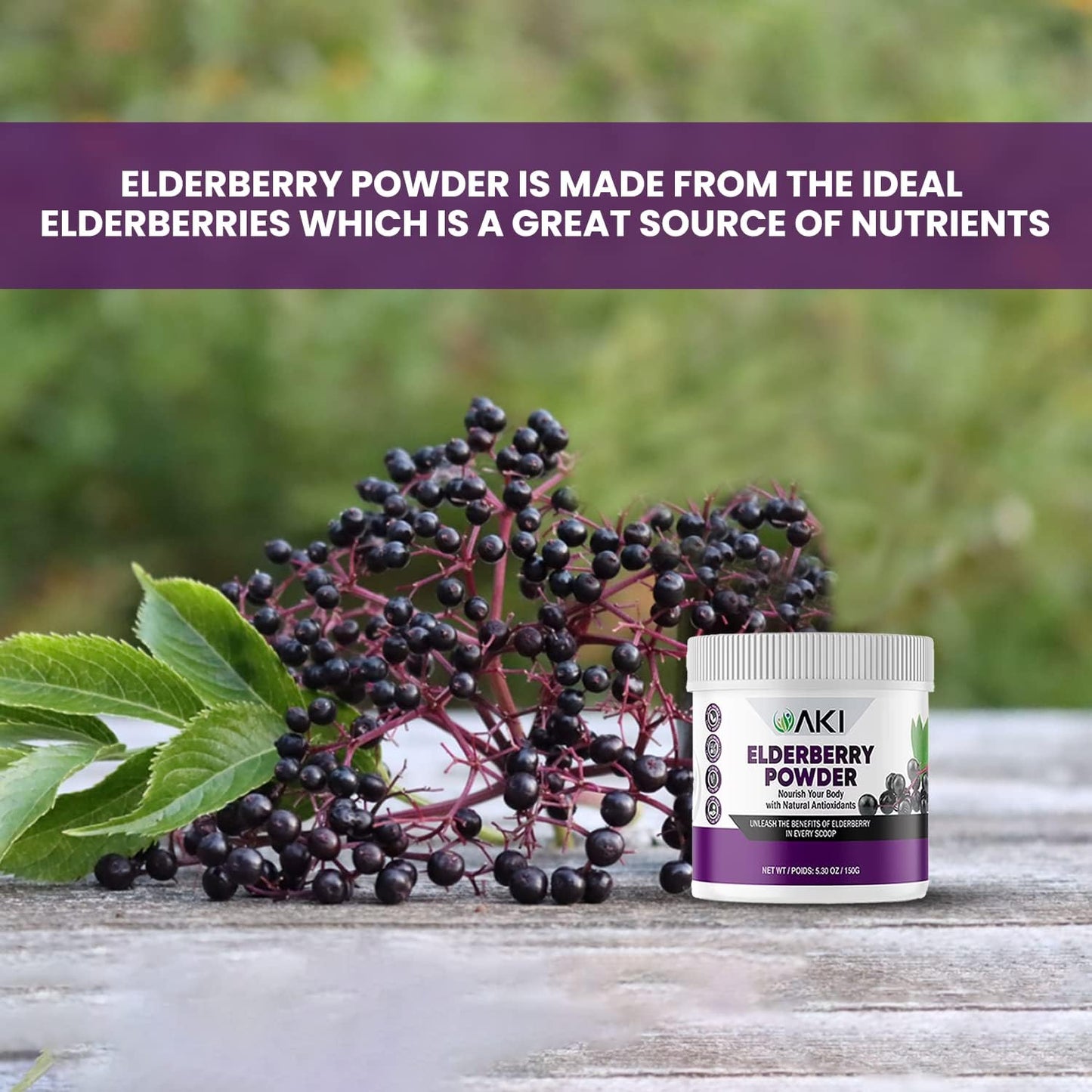 AKI Organic Elderberry Powder for Smoothies, Oatmeal, and Yogurt - Non-GMO Superfood Rich in Vitamins and Nutrients - 5.30 Oz / 150 g