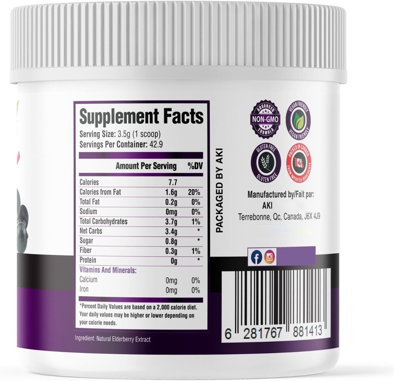 AKI Organic Elderberry Powder for Smoothies, Oatmeal, and Yogurt - Non-GMO Superfood Rich in Vitamins and Nutrients - 5.30 Oz / 150 g