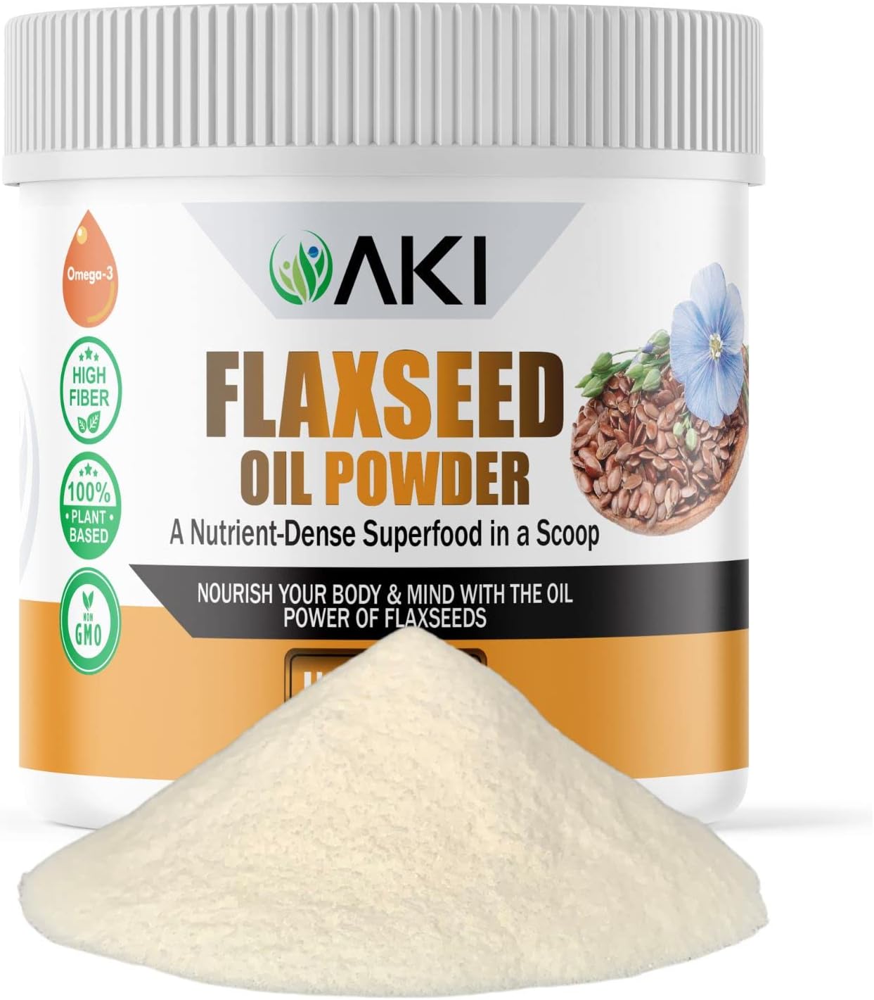AKI Organic Flaxseed Oil Powder - Rich in Omega-3 Fatty Acids, Fiber, & Lignans - No Artificial Additives - High-Quality Ingredients - 5.30oz/150g