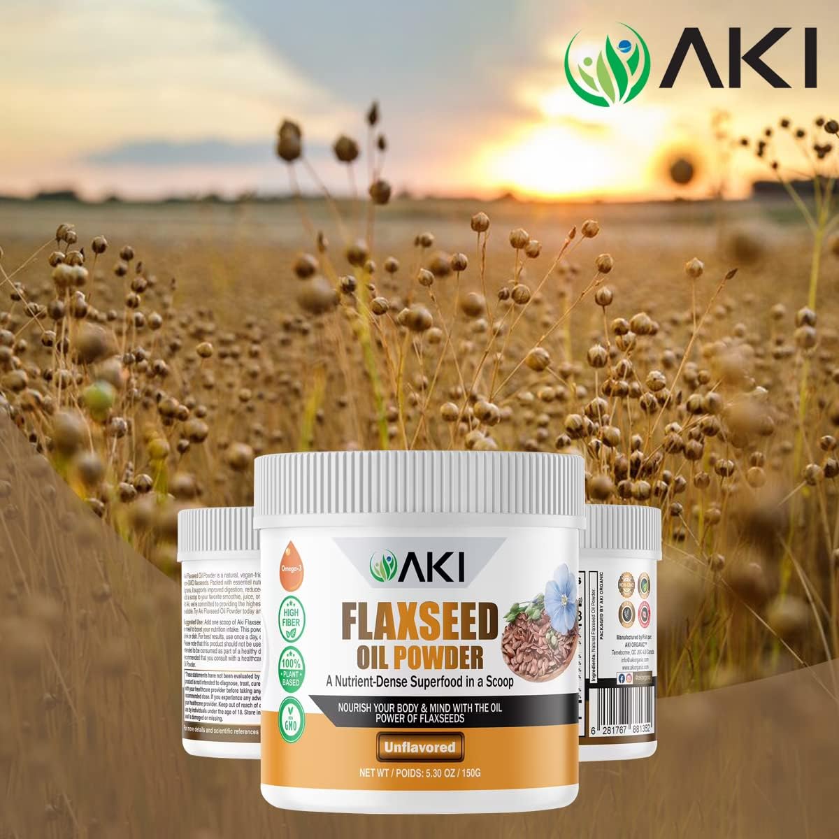 AKI Organic Flaxseed Oil Powder - Rich in Omega-3 Fatty Acids, Fiber, & Lignans - No Artificial Additives - High-Quality Ingredients - 5.30oz/150g
