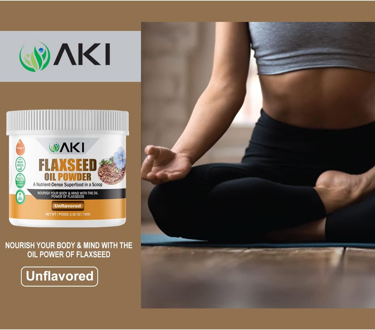 AKI Organic Flaxseed Oil Powder - Rich in Omega-3 Fatty Acids, Fiber, & Lignans - No Artificial Additives - High-Quality Ingredients - 5.30oz/150g