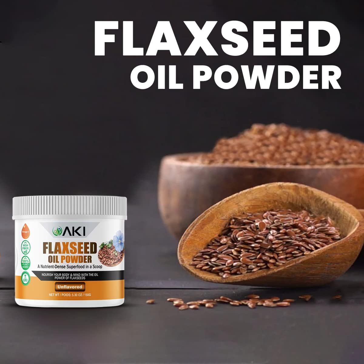 AKI Organic Flaxseed Oil Powder - Rich in Omega-3 Fatty Acids, Fiber, & Lignans - No Artificial Additives - High-Quality Ingredients - 5.30oz/150g