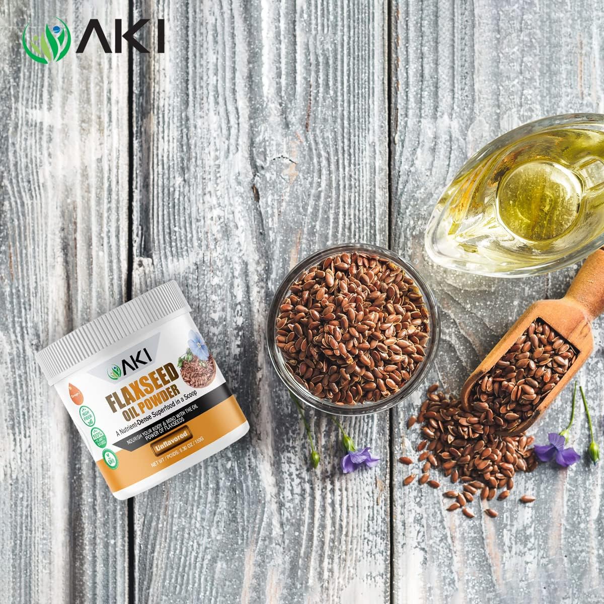 AKI Organic Flaxseed Oil Powder - Rich in Omega-3 Fatty Acids, Fiber, & Lignans - No Artificial Additives - High-Quality Ingredients - 5.30oz/150g