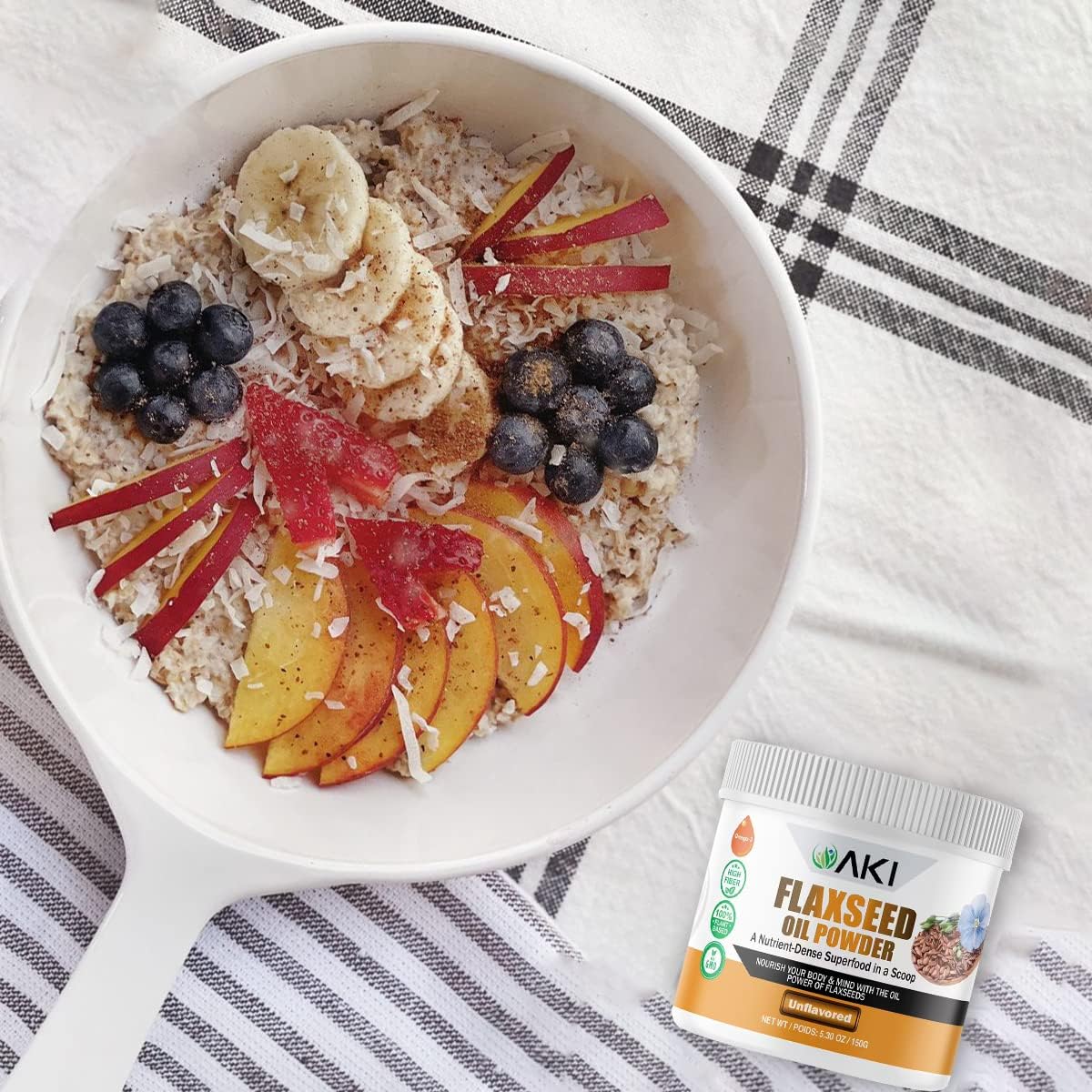 AKI Organic Flaxseed Oil Powder - Rich in Omega-3 Fatty Acids, Fiber, & Lignans - No Artificial Additives - High-Quality Ingredients - 5.30oz/150g