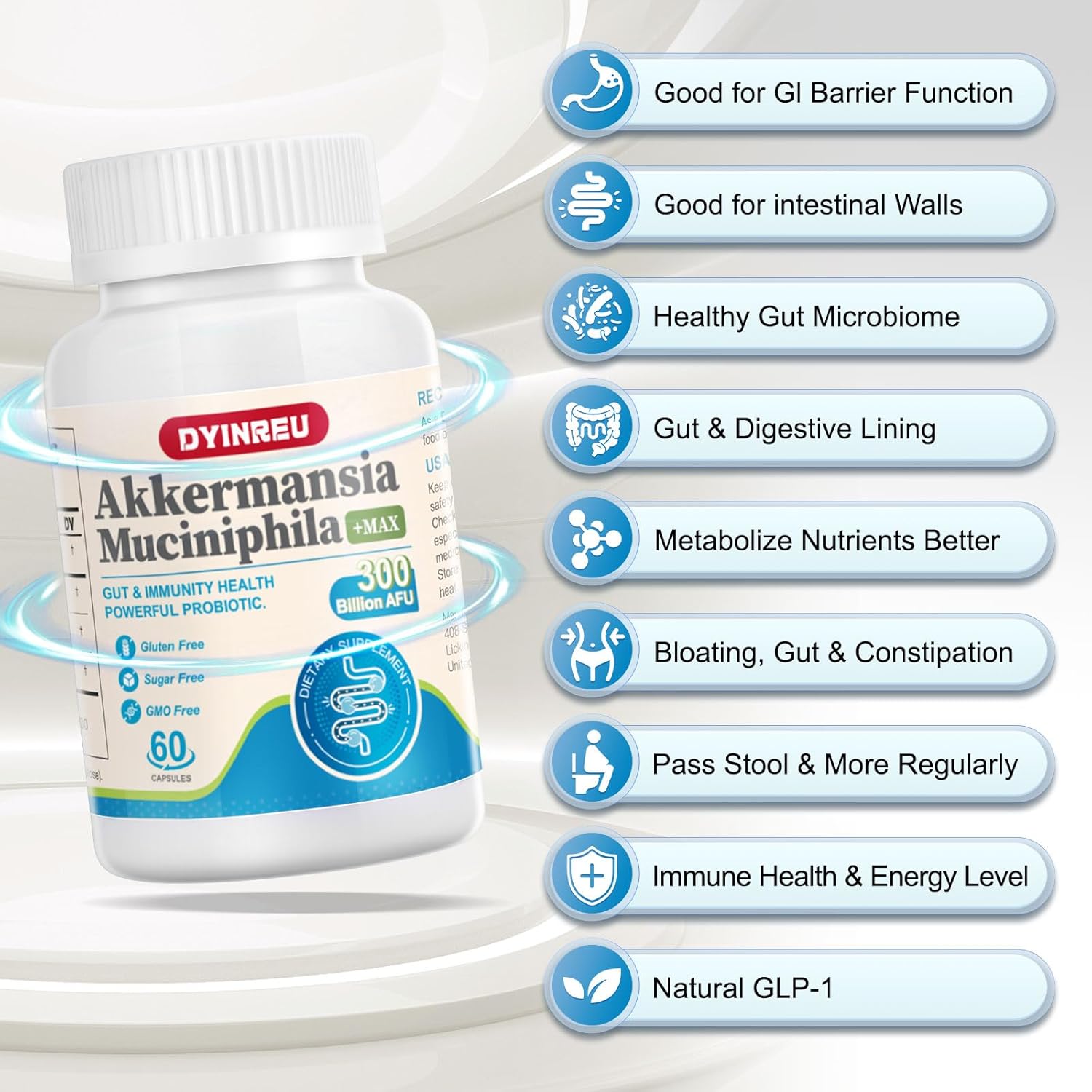 Akkermansia Muciniphila Probiotic 300 Billion AFU Capsules for Gut and Immune Health, Enhanced Digestive Function, 60 Count