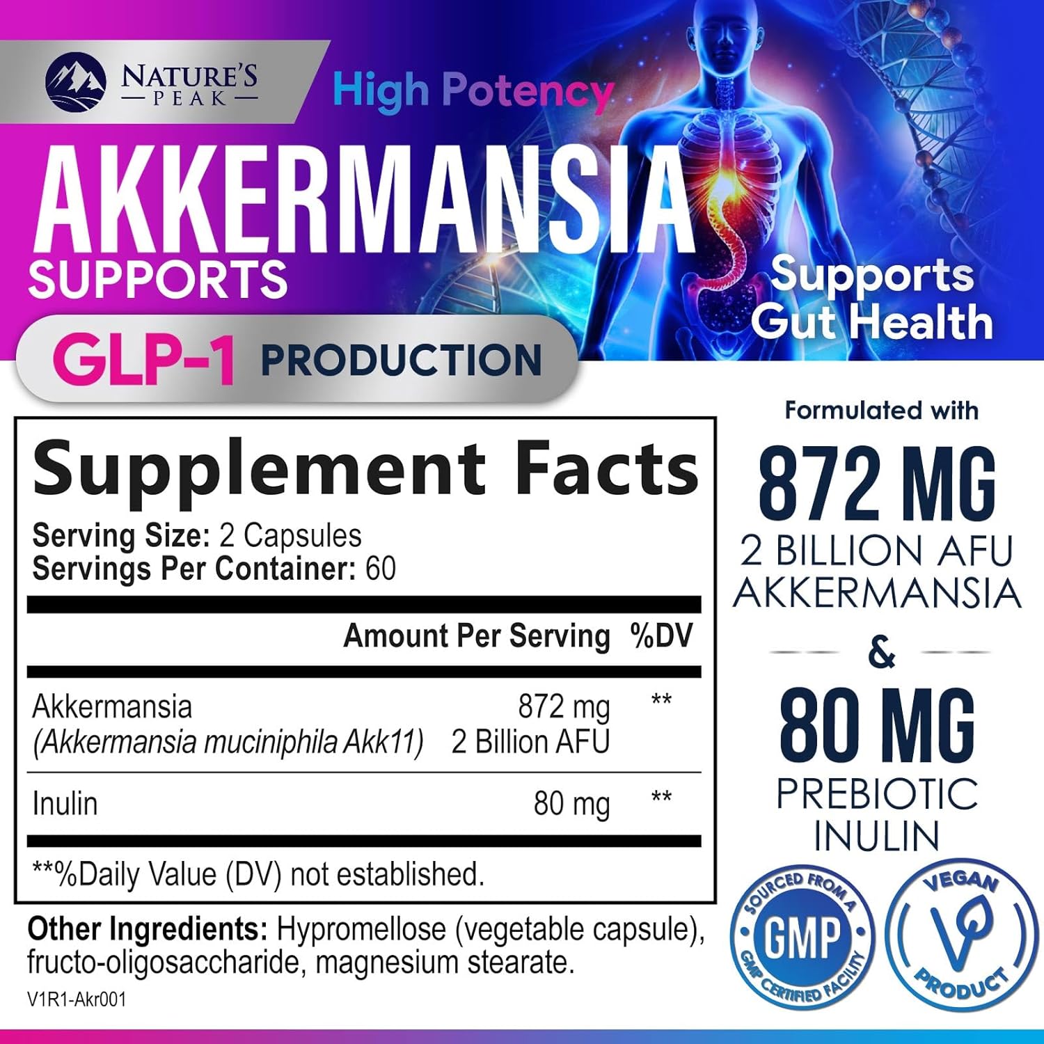 Akkermansia Muciniphila Probiotic with Prebiotic Fiber for Digestive & Immune Health - 120 Capsules