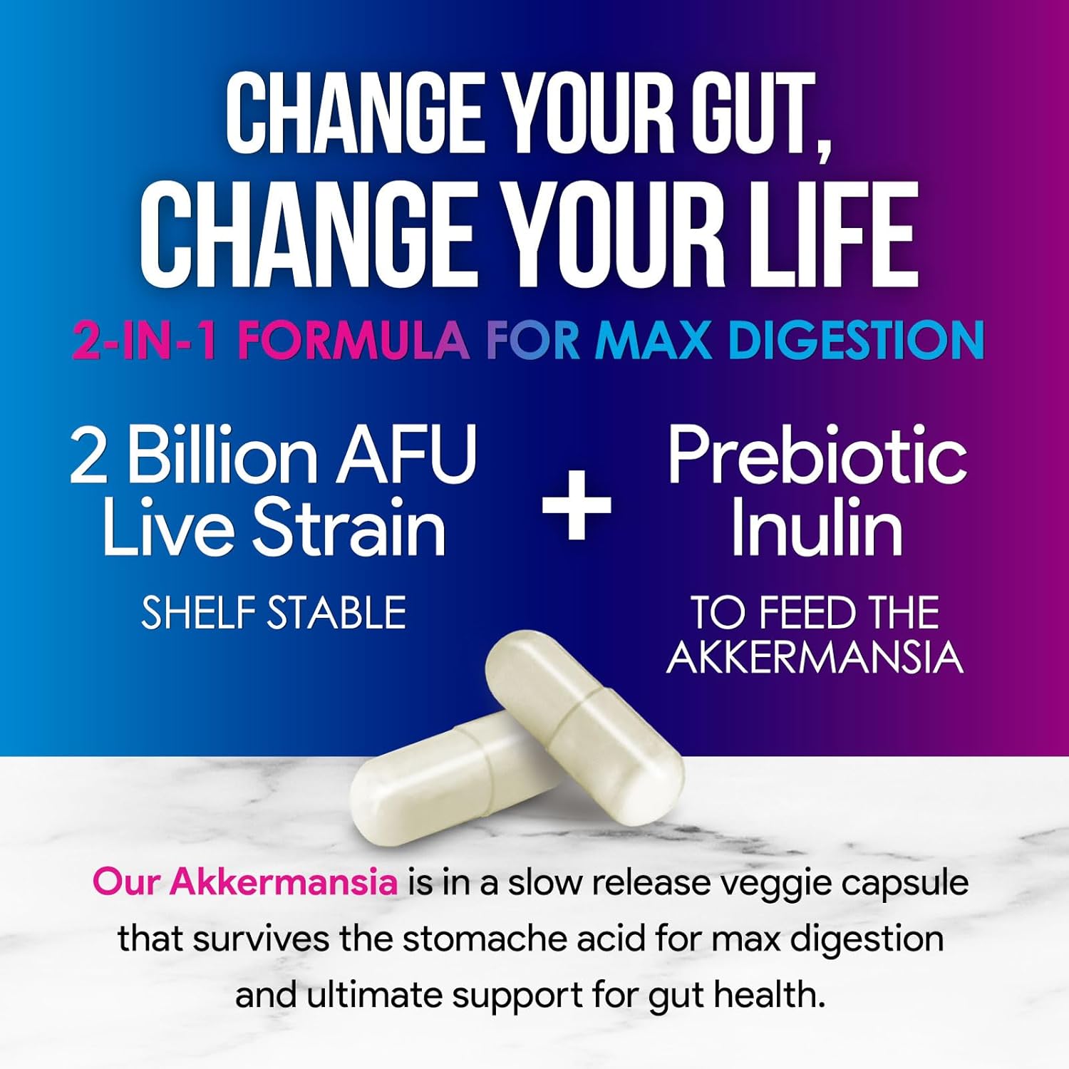 Akkermansia Muciniphila Probiotic with Prebiotic Fiber for Digestive & Immune Health - 120 Capsules
