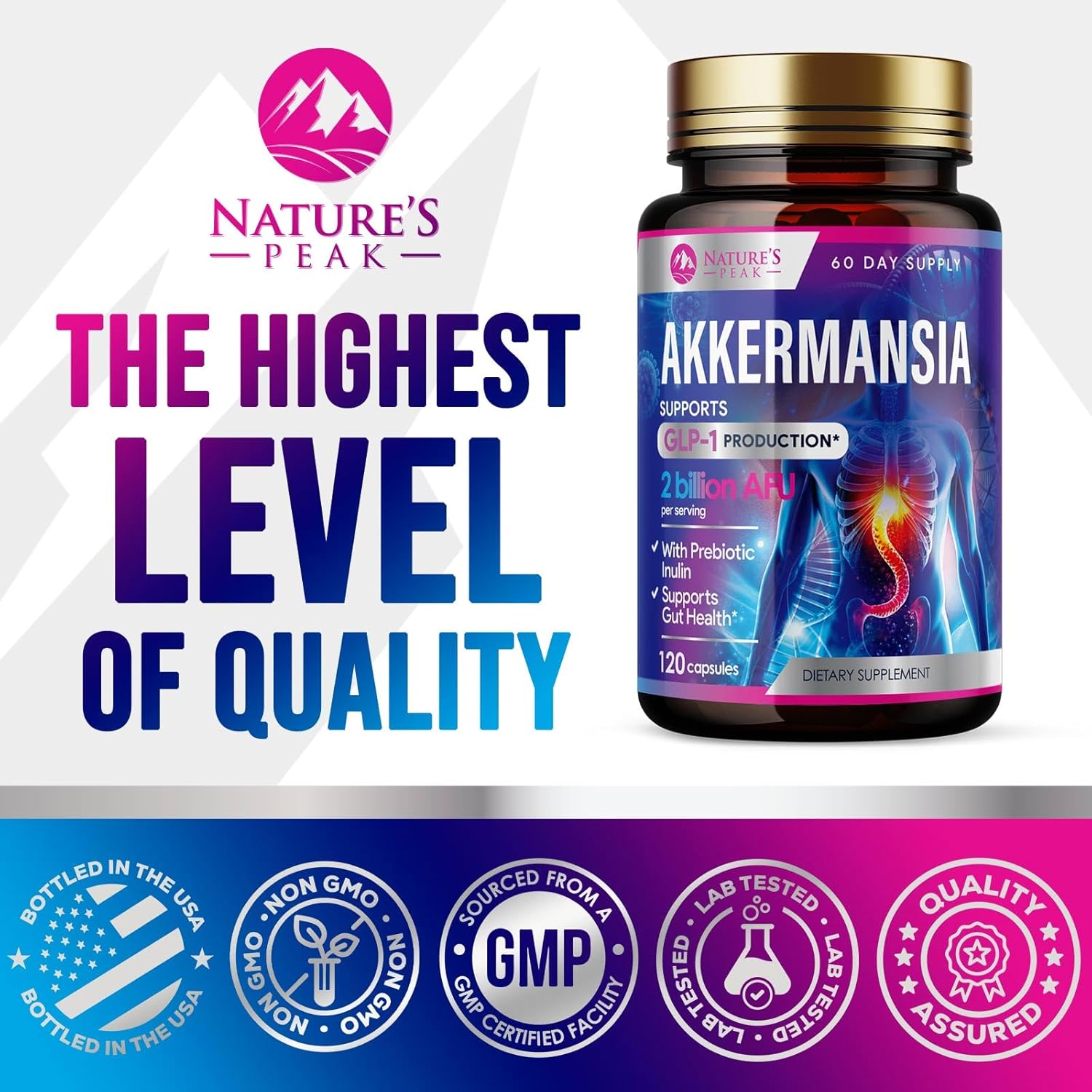 Akkermansia Muciniphila Probiotic with Prebiotic Fiber for Digestive & Immune Health - 120 Capsules