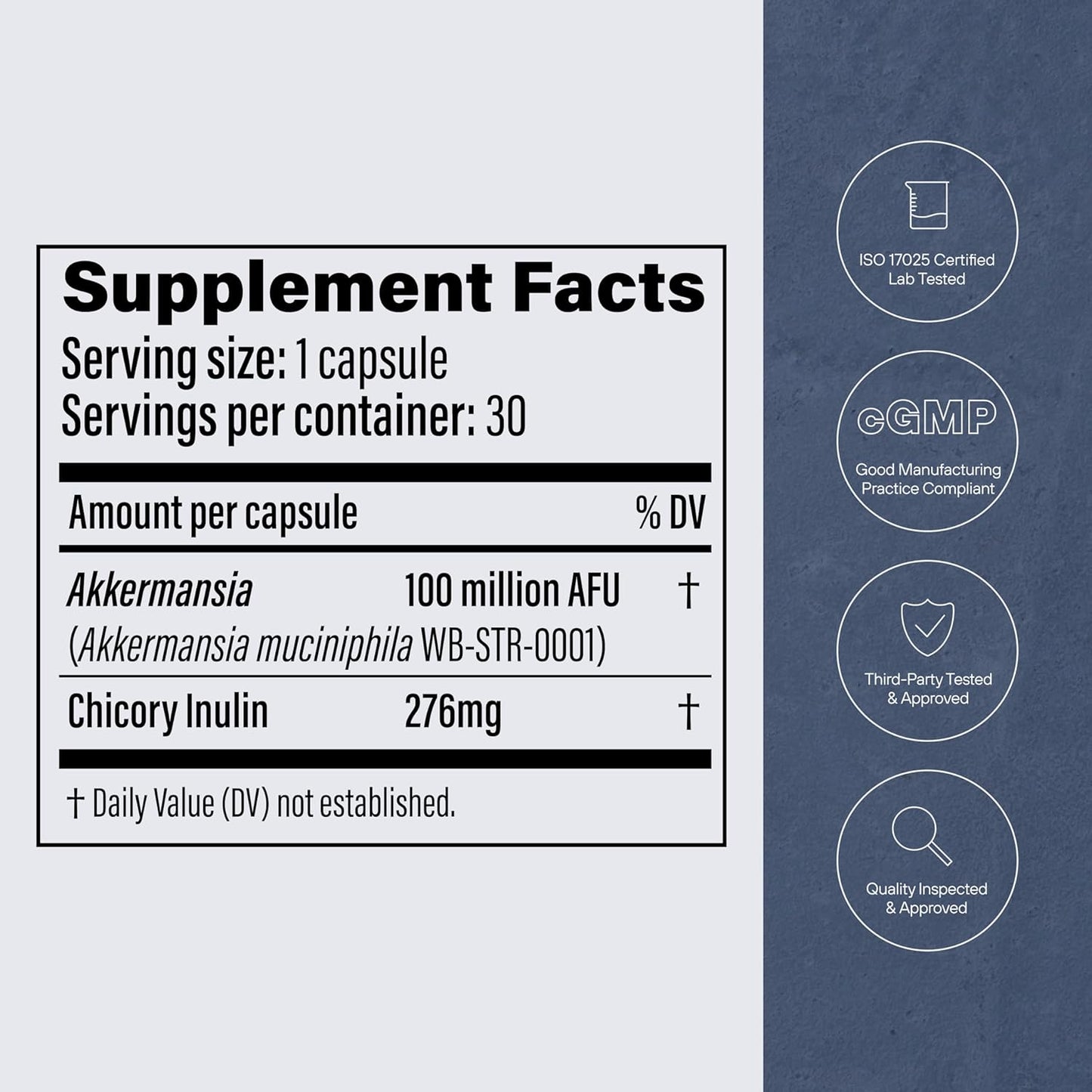 Akkermansia Probiotic Capsules with Prebiotic Fiber - Boosts GLP-1, Delayed Release, Third-Party Tested, 100M AFU Live Strain - Gut Health for Men & Women - 30 Capsules