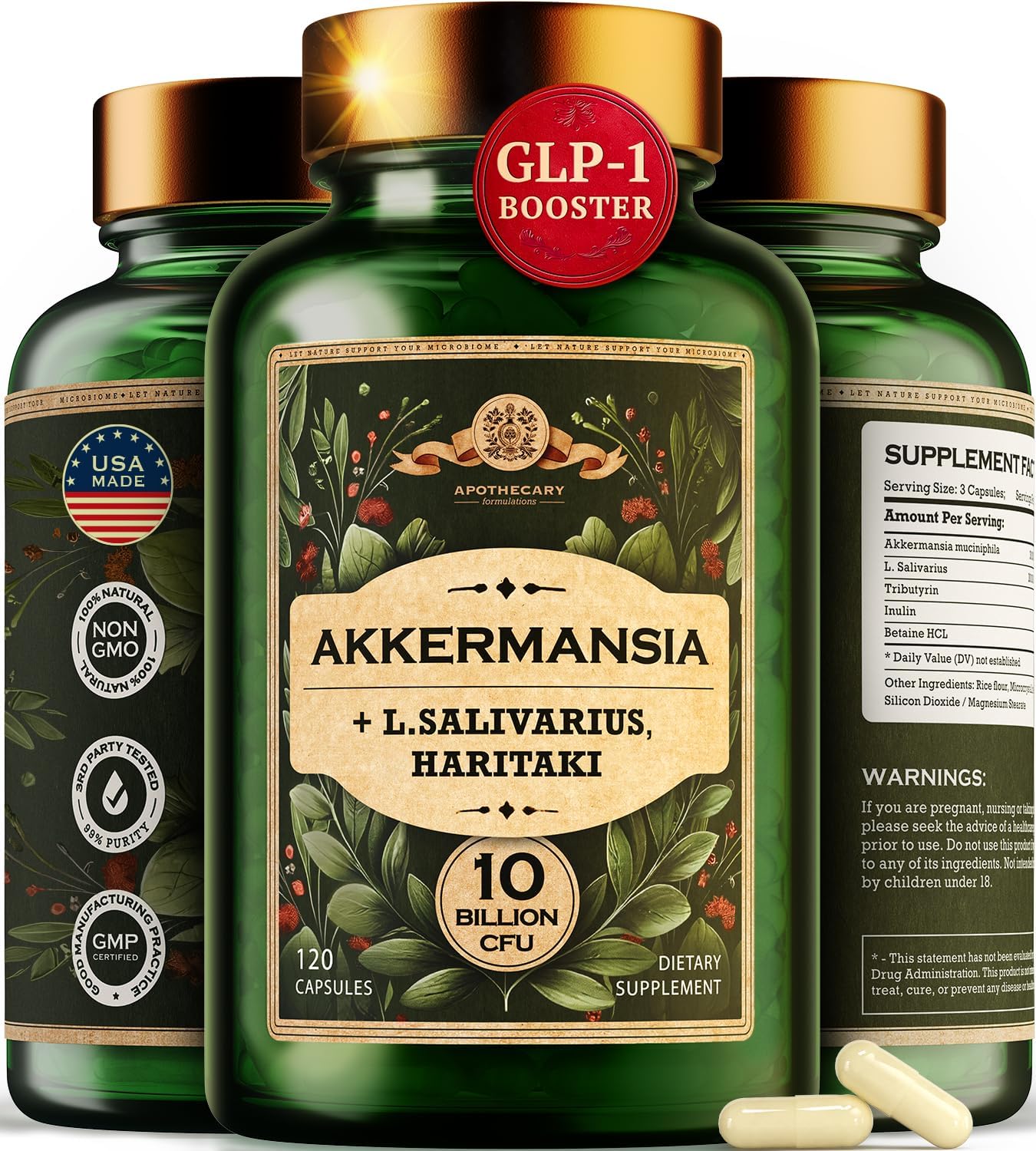 Akkermansia Probiotic Fiber Supplement - 10 Billion CFU GLP-1 Booster for Gut Health & Weight Management with Lactobacillus Salivarius, Betaine HCL, Haritaki, Inulin, and Tributyrin