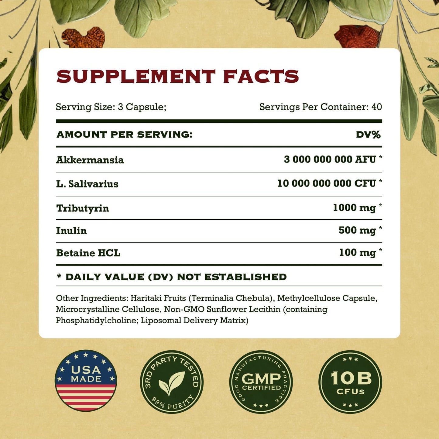 Akkermansia Probiotic Fiber Supplement - 10 Billion CFU GLP-1 Booster for Gut Health & Weight Management with Lactobacillus Salivarius, Betaine HCL, Haritaki, Inulin, and Tributyrin