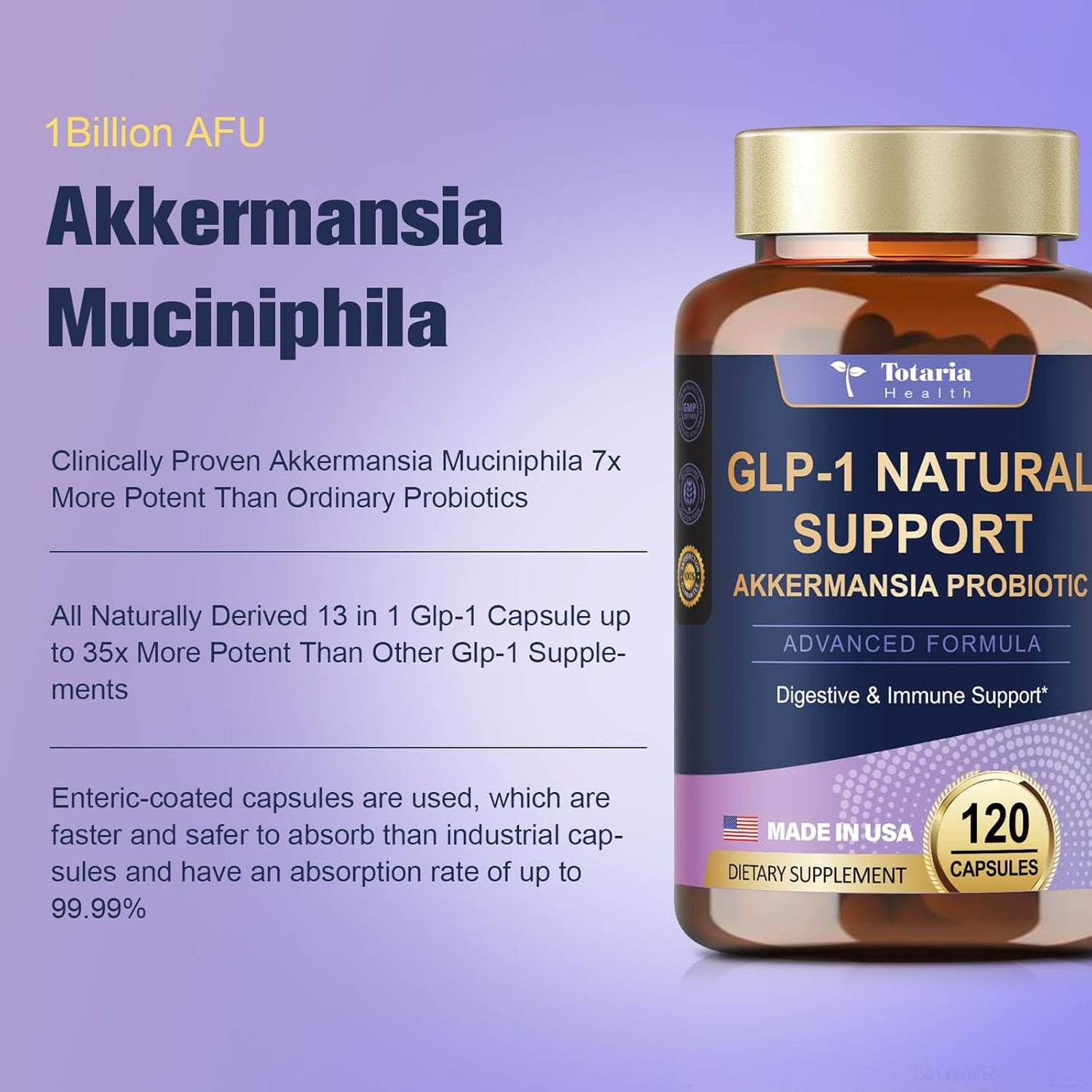 Akkermansia Probiotic GLP-1 Supplement with Apple Cider Vinegar, Berberine HCI, Green Tea Extract, Ceylon Cinnamon - 13 in 1 Natural Support - 120 Count