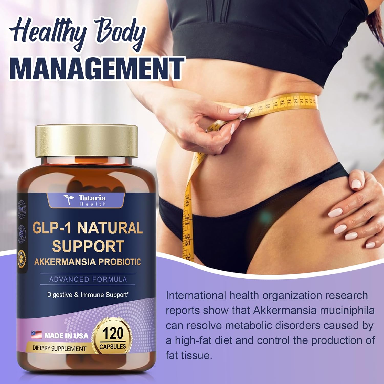 Akkermansia Probiotic GLP-1 Supplement with Apple Cider Vinegar, Berberine HCI, Green Tea Extract, Ceylon Cinnamon - 13 in 1 Natural Support - 120 Count