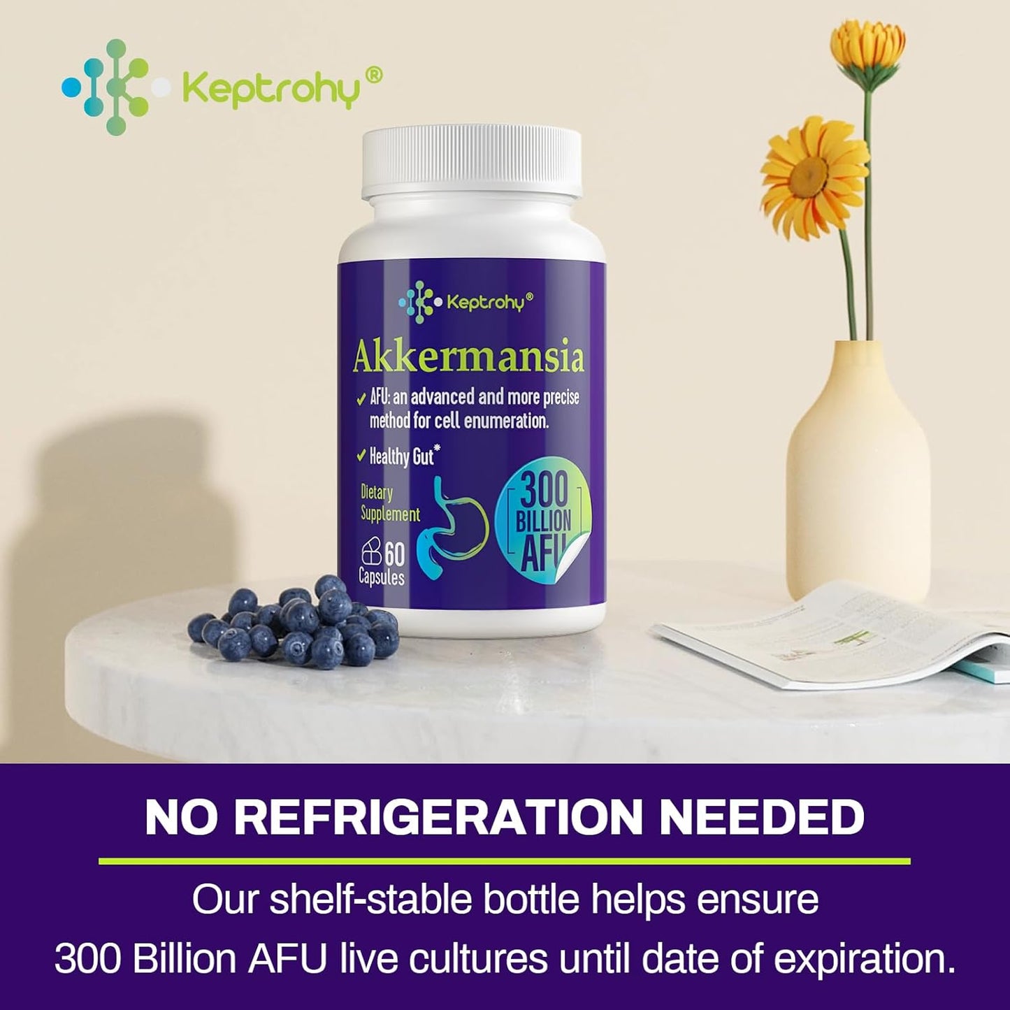 Akkermansia Probiotic Supplement for Digestive & Immune Health - 300 Billion AFU GLP-1 Production, Gut Lining Support - 60 Count