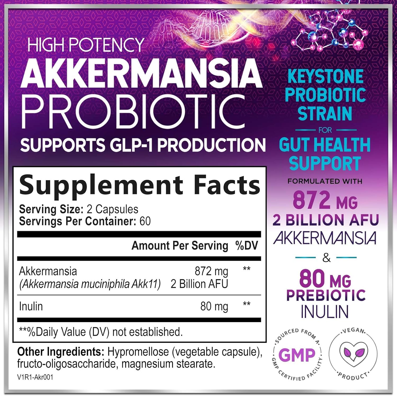 Akkermansia Probiotic Supplement with Inulin Fiber - 2 Billion AFU, GLP-1 & Digestive Health Support - 120 Capsules