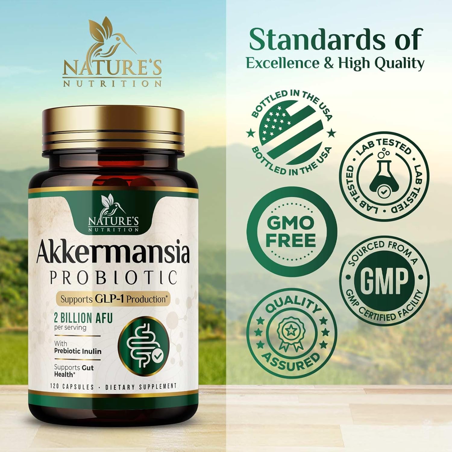 Akkermansia Probiotic Supplement with Prebiotic Fiber for Digestive Health - 120 Capsules
