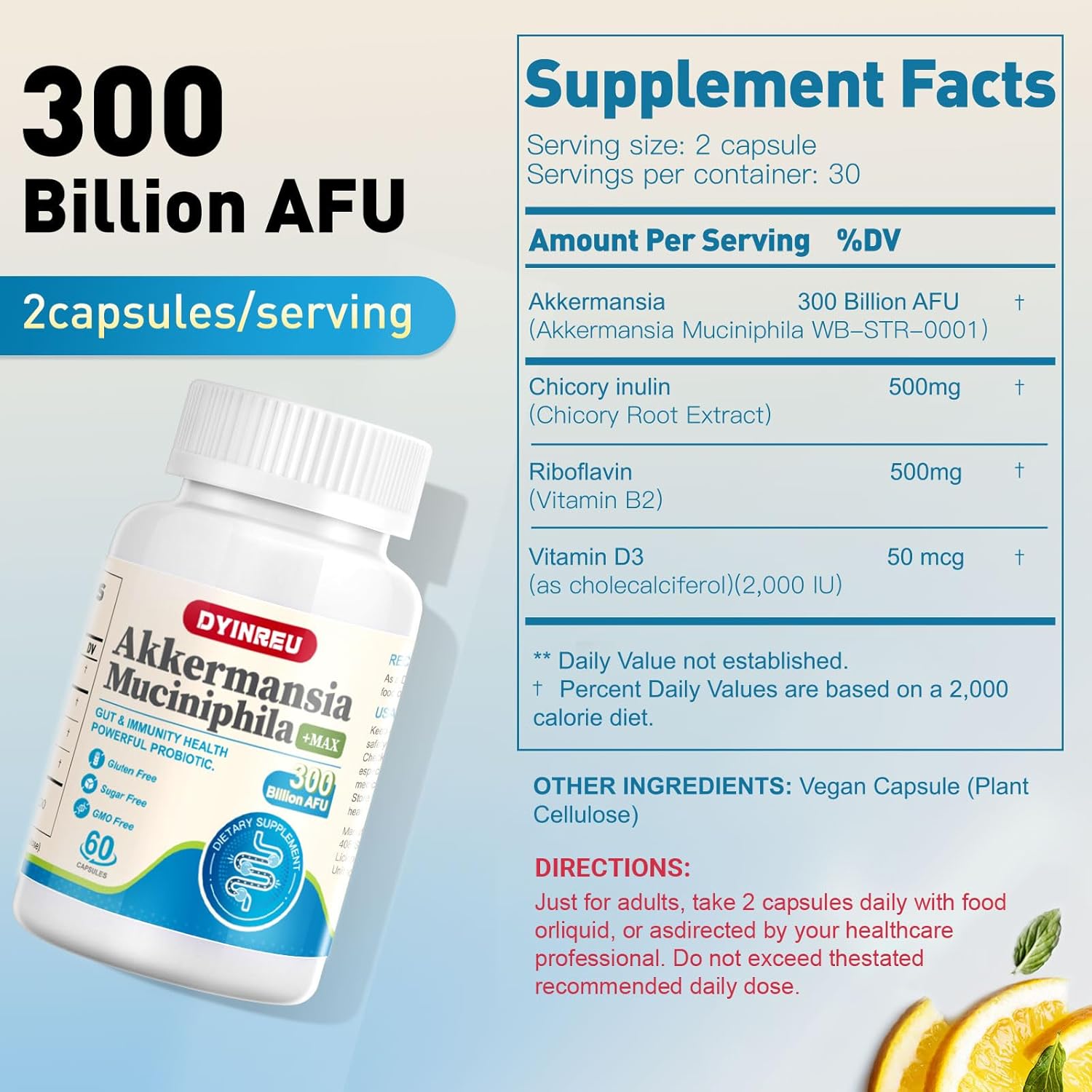 Akkermansia Probiotic with 300 Billion AFU for Digestive & Immune Health - 60 Capsules